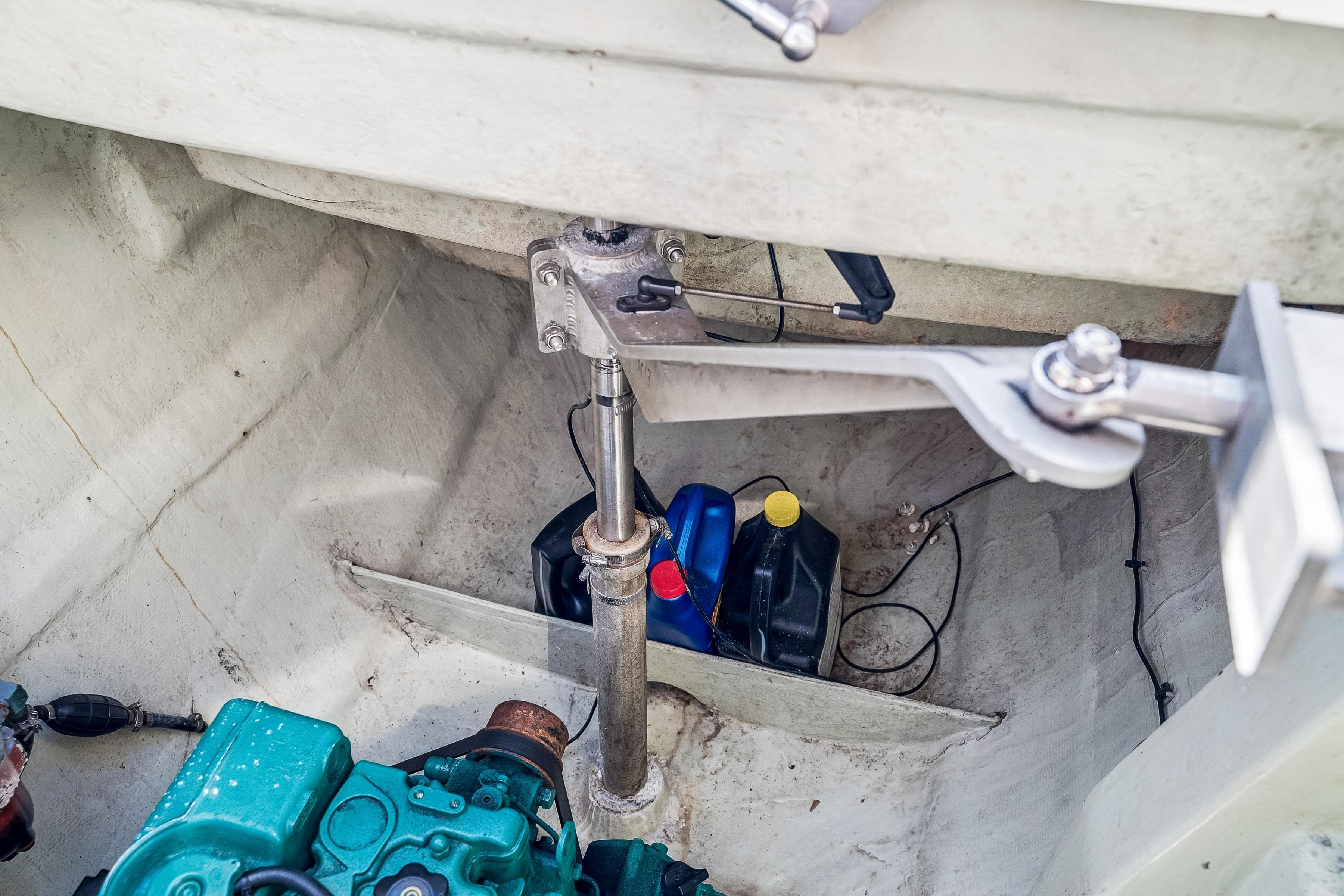 Engine compartment of a 2007 Leopard 46 yacht with visible mechanical components.