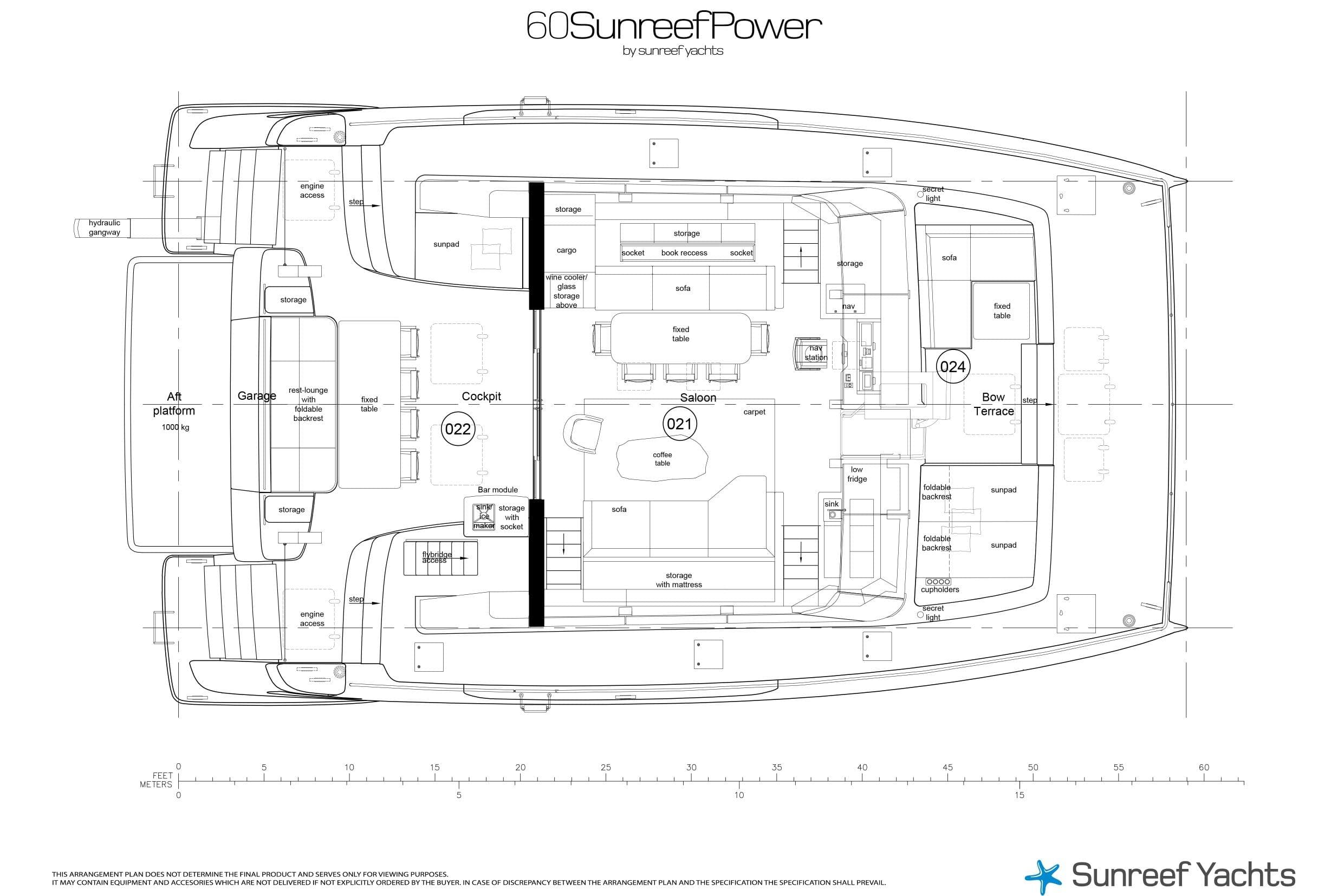 Floor plan of 2026 60 Sunreef Power yacht, showcasing layout and features.