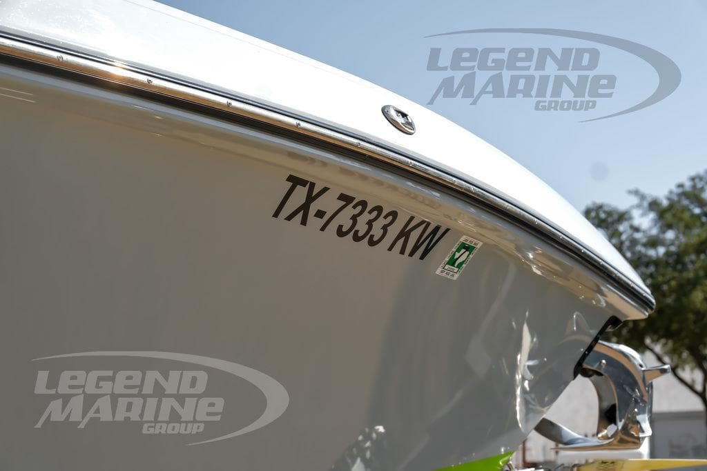 2024 Statement 350 Open boat with registration TX-7333 KW, Legend Marine Group branding.