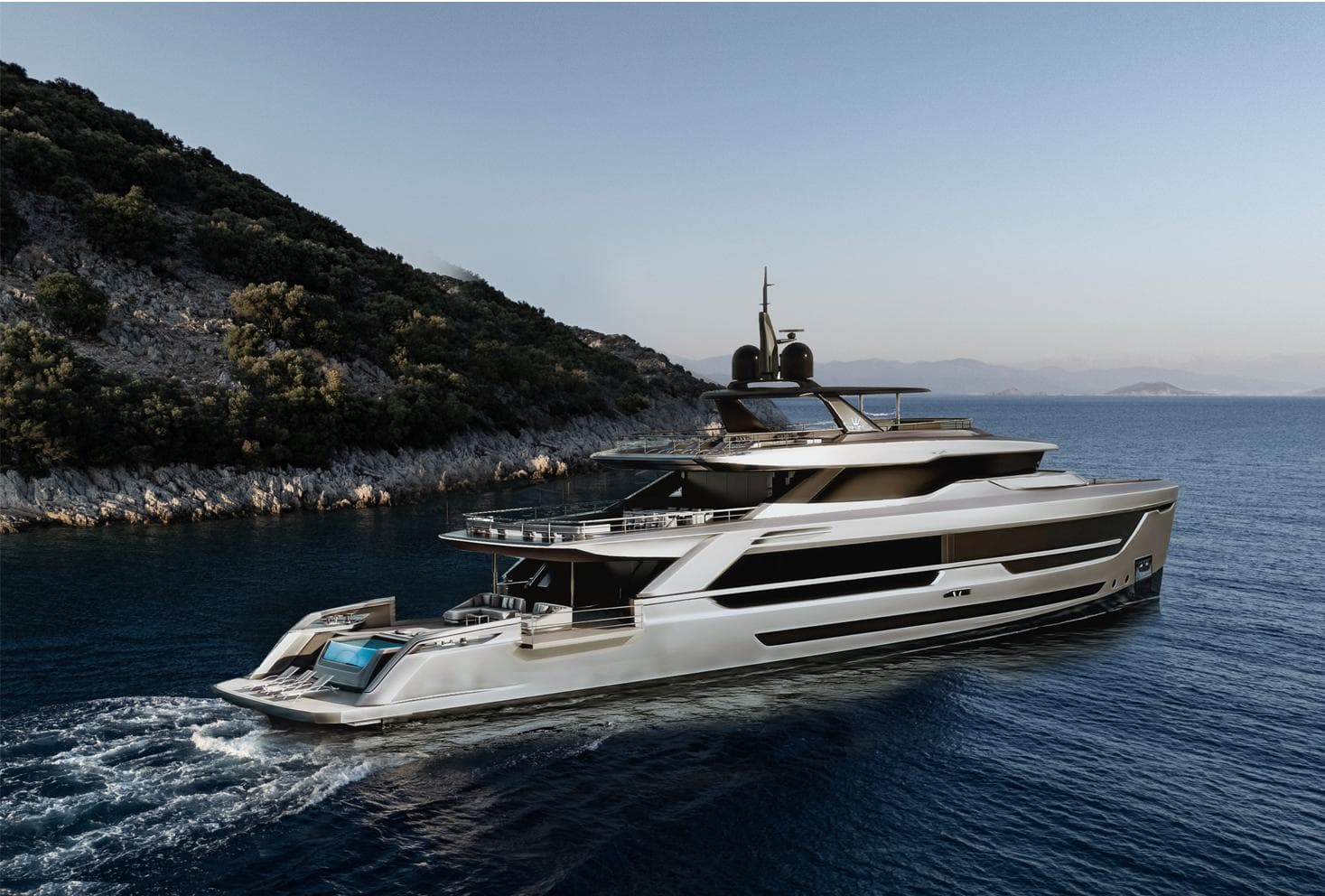 Luxurious Ocean King DUCALE 140 yacht cruising near a scenic coastline, 2028 model.