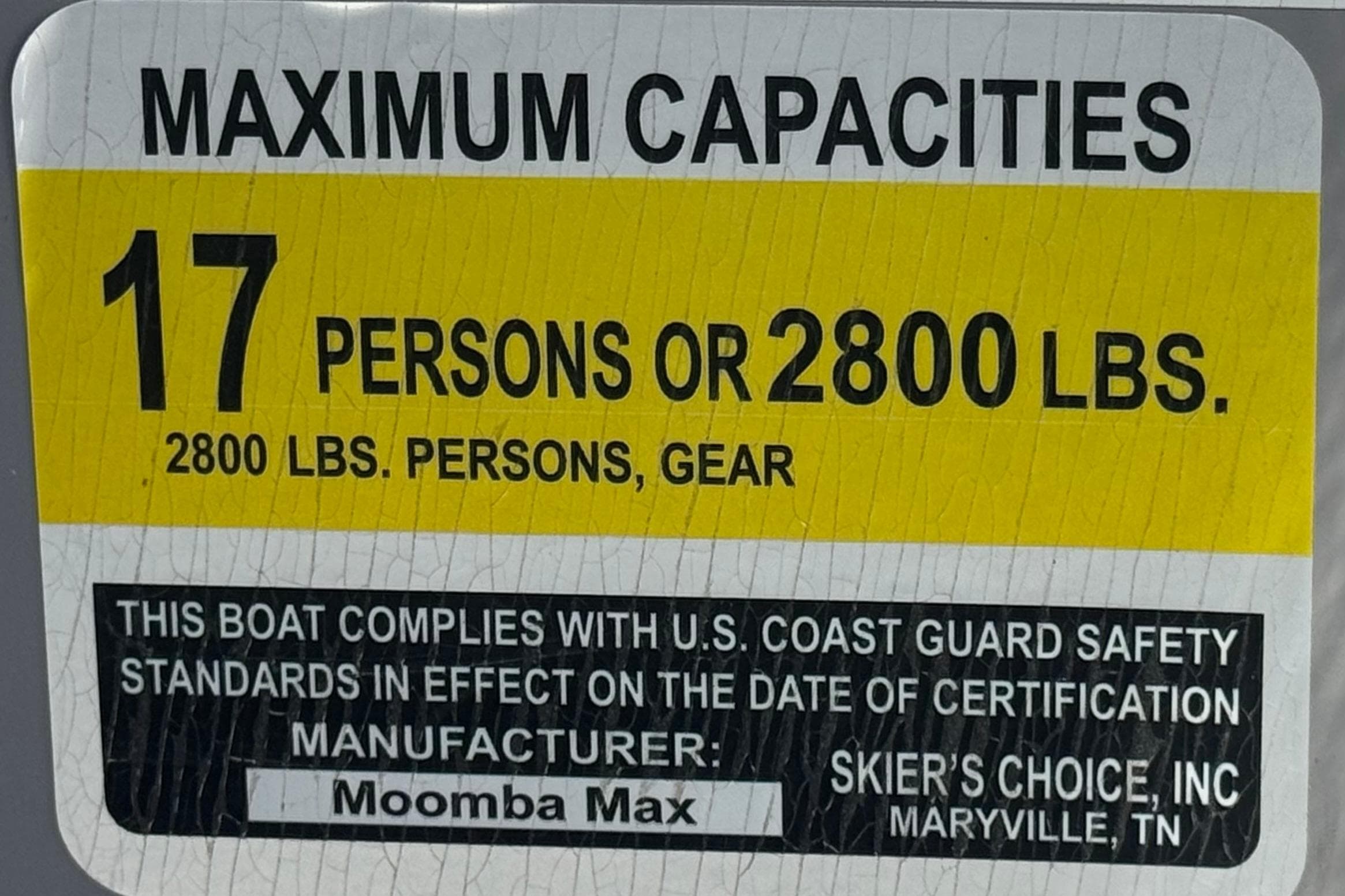 2022 Moomba Max capacity label: 17 persons or 2800 lbs, U.S. Coast Guard compliant.