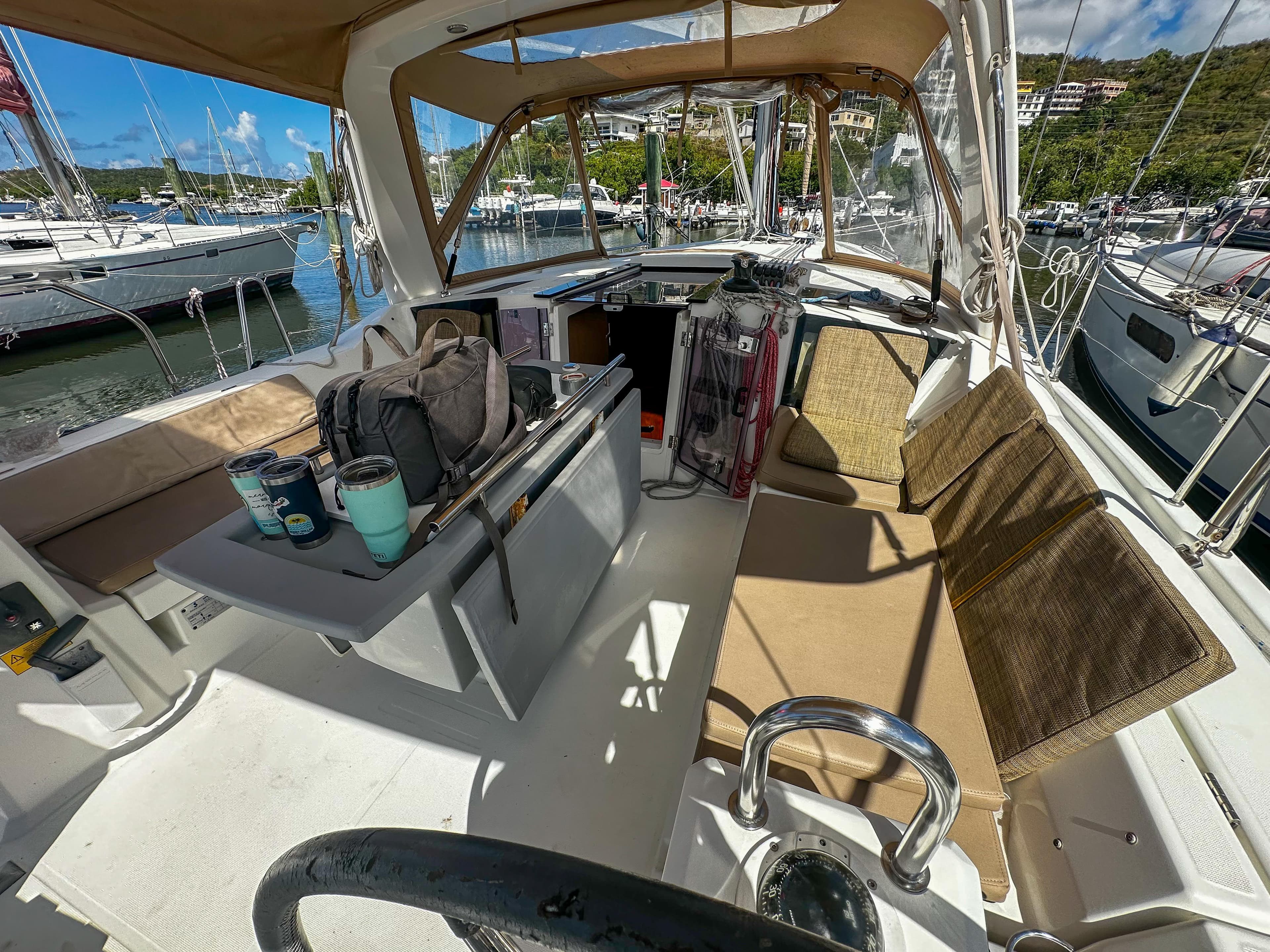 Cockpit of 2018 Beneteau Oceanis 41.1 sailboat with seating and gear.