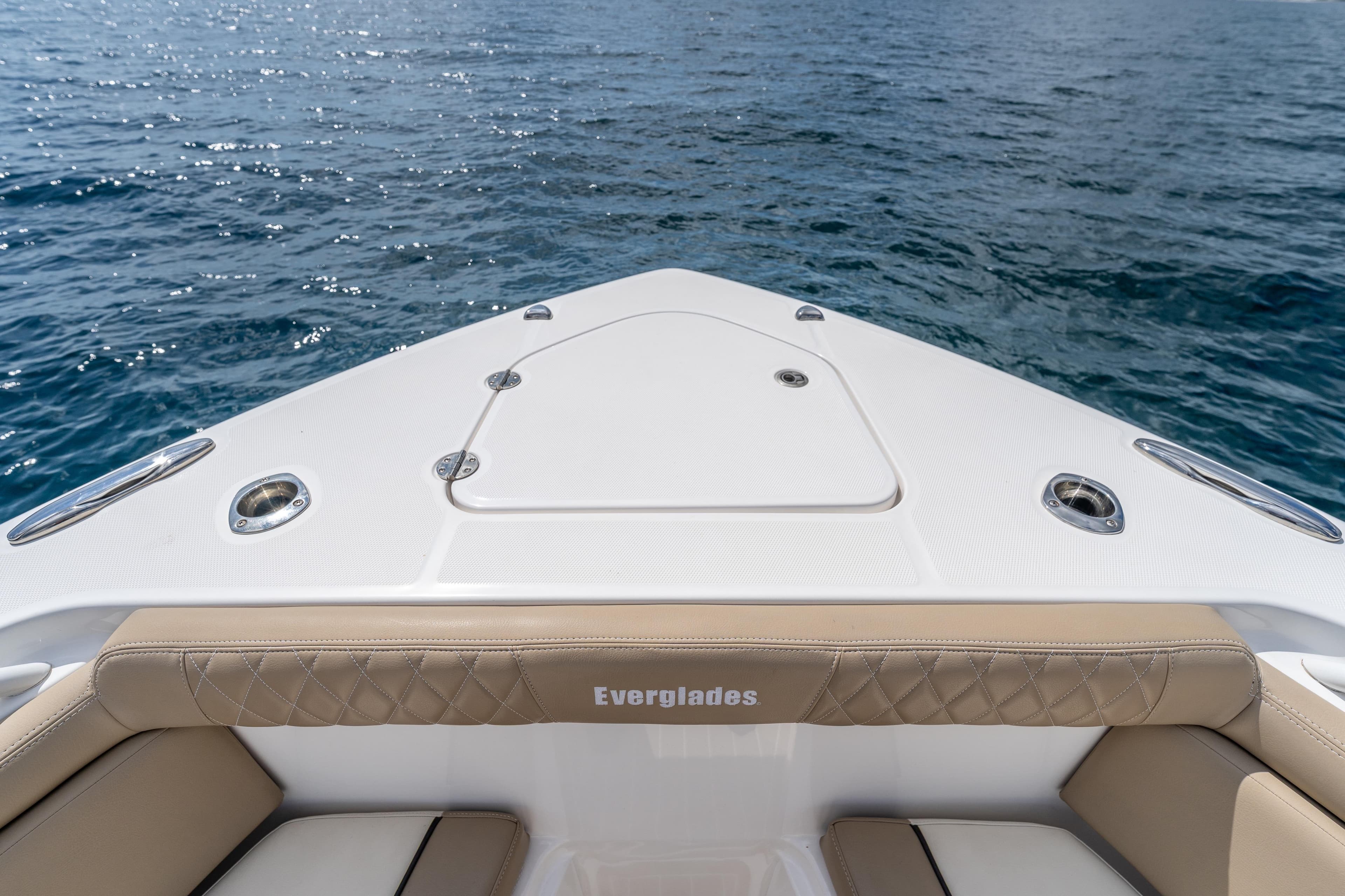 Bow view of 2021 Everglades 395 Center Console on open water.