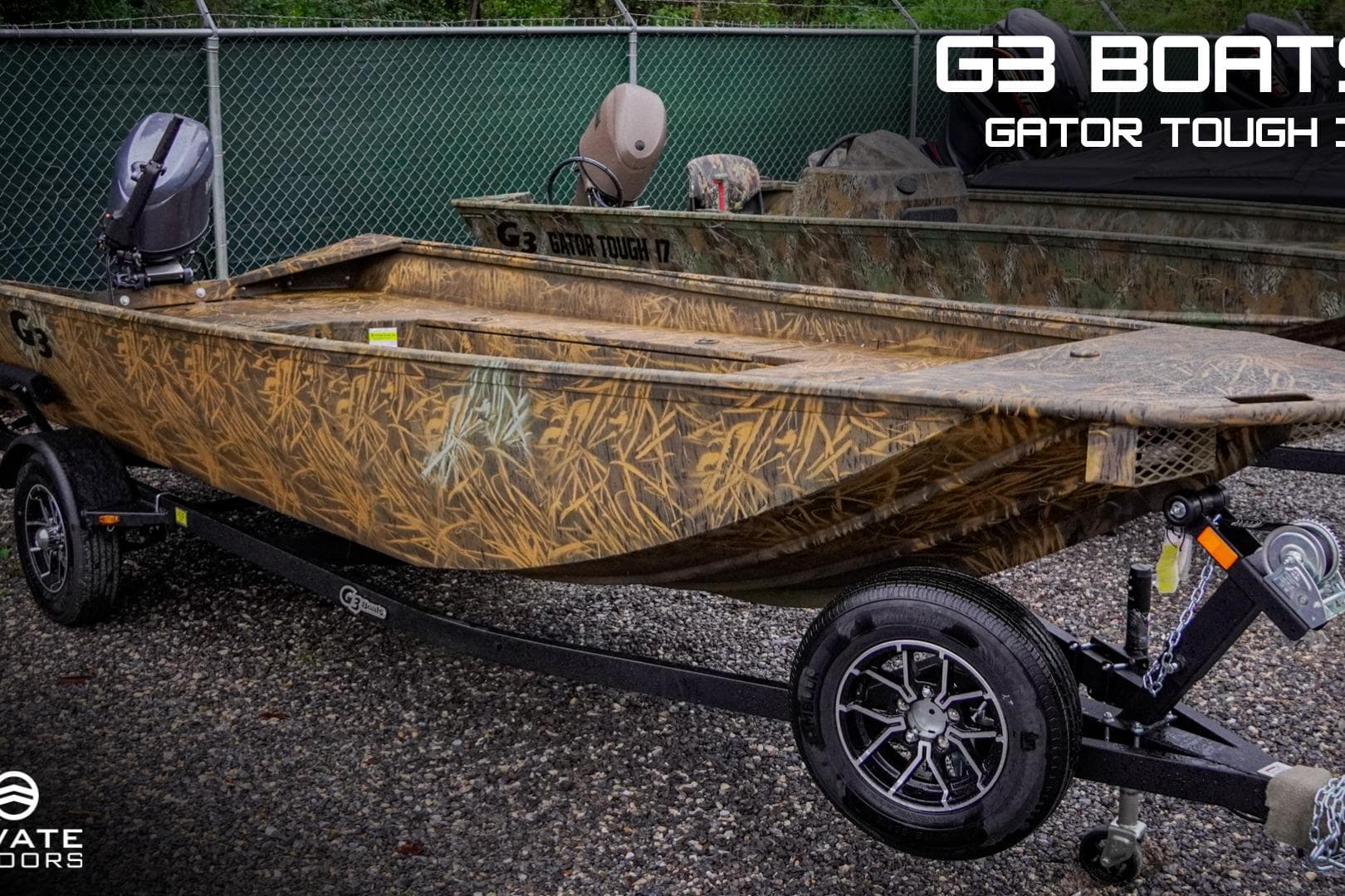 G3 Boats 17DK 2026 model, camo design, on a trailer, outdoor setting.
