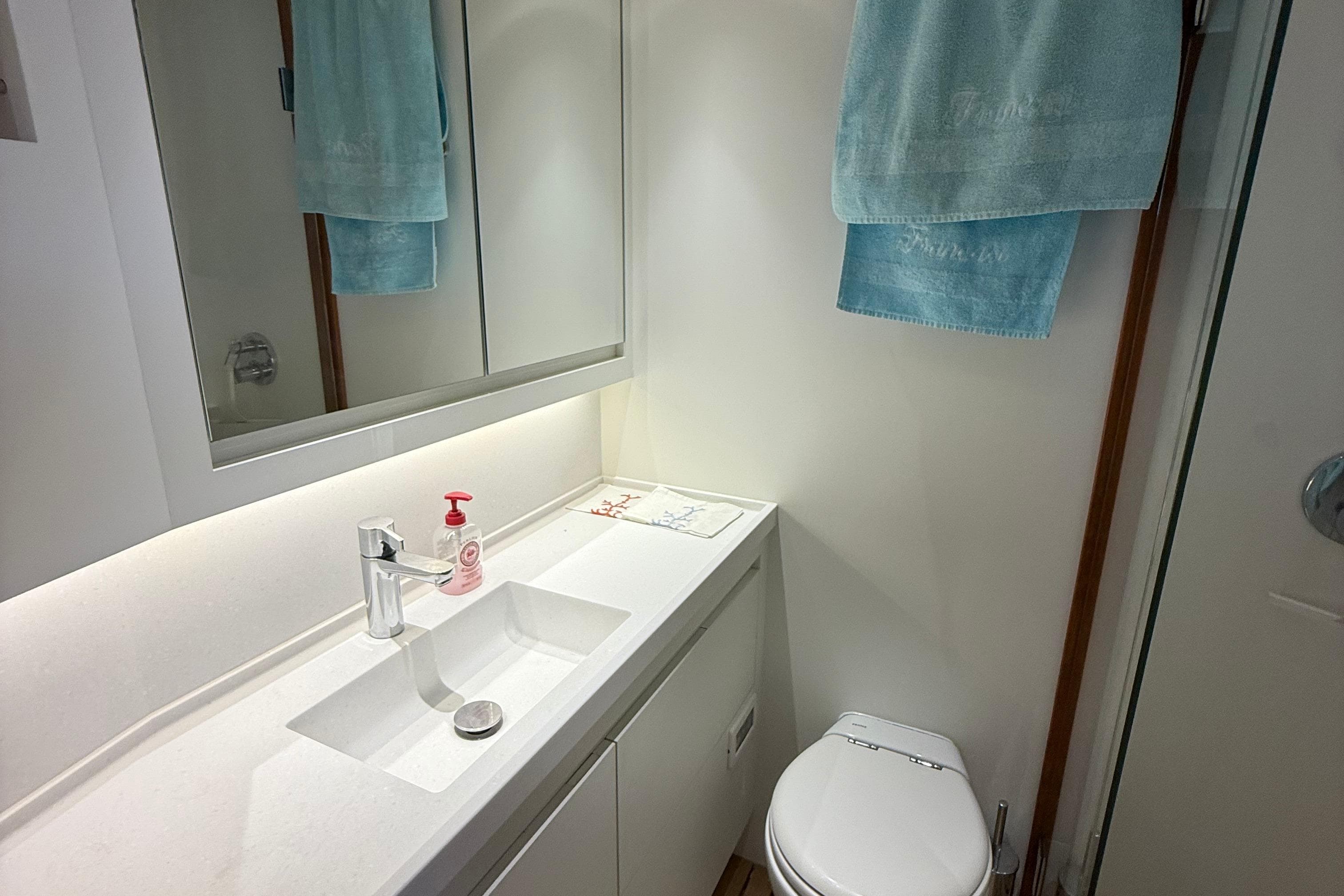 Modern bathroom in 2018 Contest 67CS yacht with sleek sink and toilet.