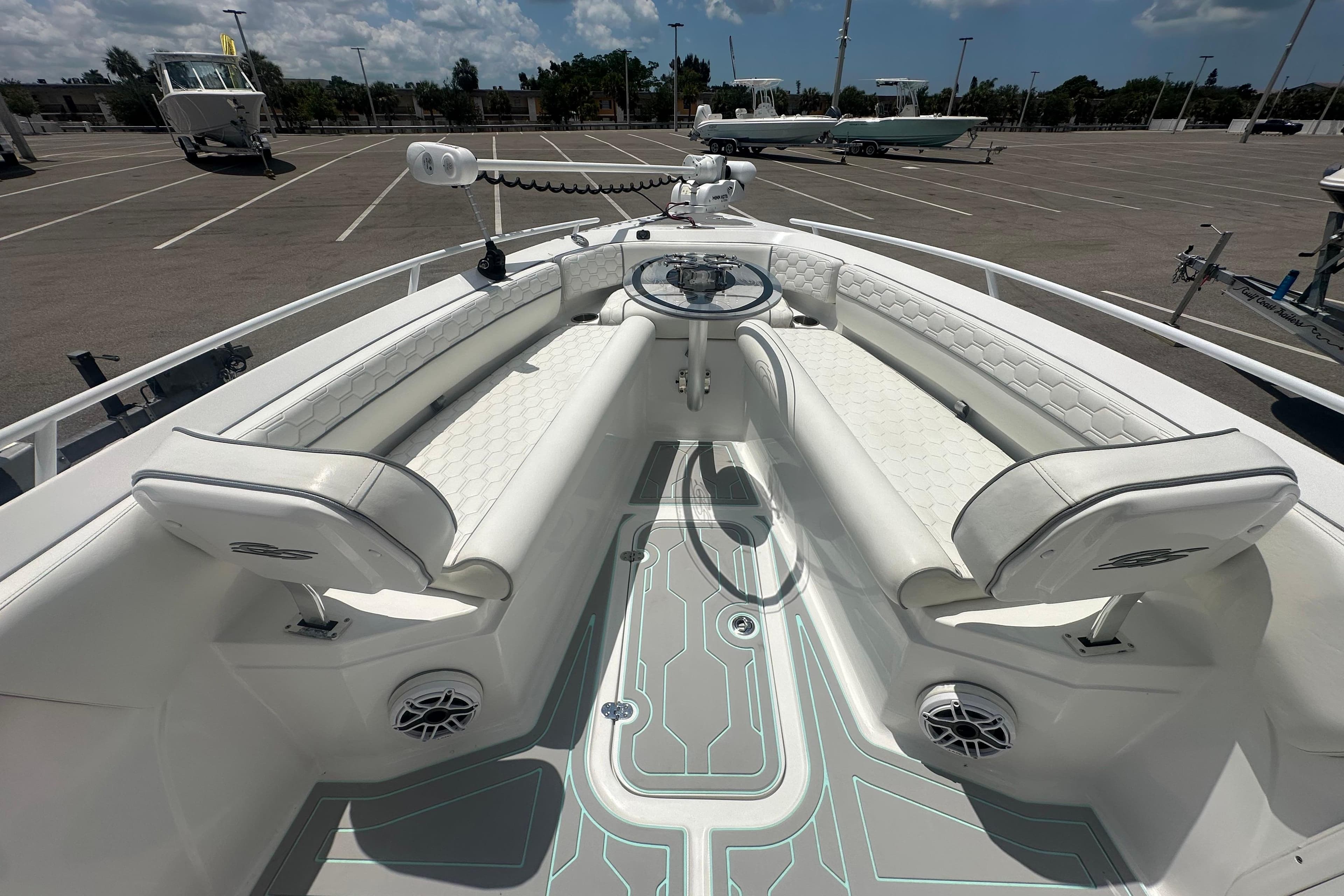 2022 Glasstream 280 Pro-XS boat interior with white seating and modern design.