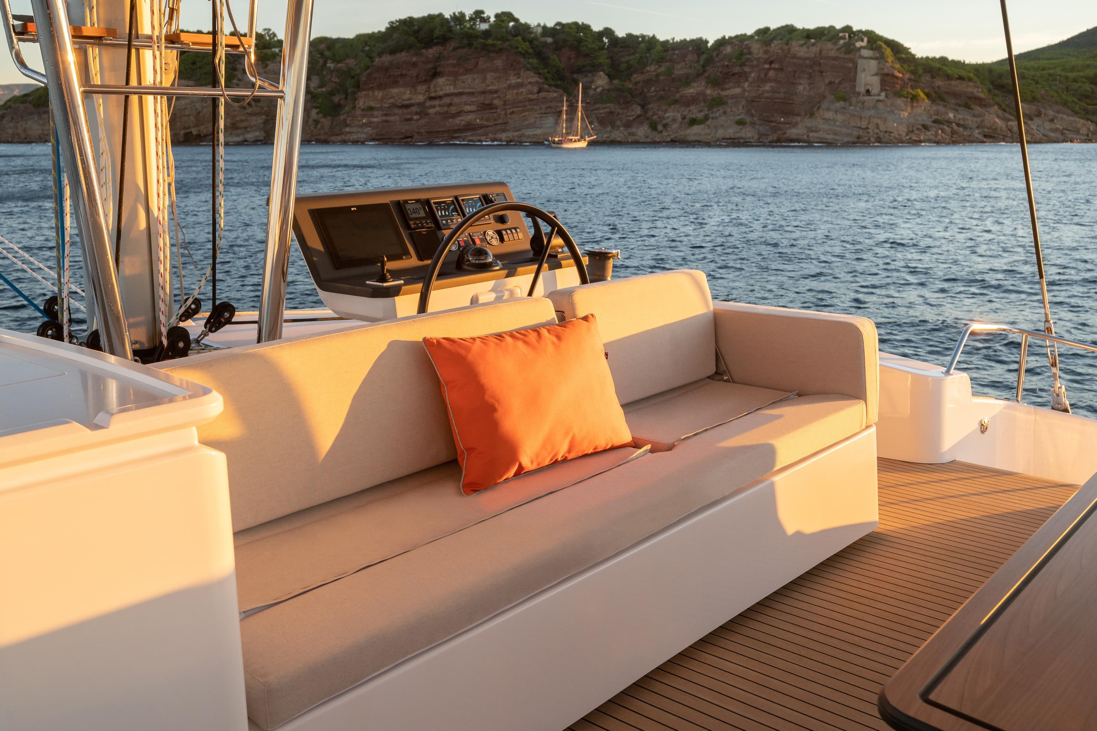 Luxurious Bali 5.8 yacht interior, 2026 model, with scenic ocean view and comfortable seating.