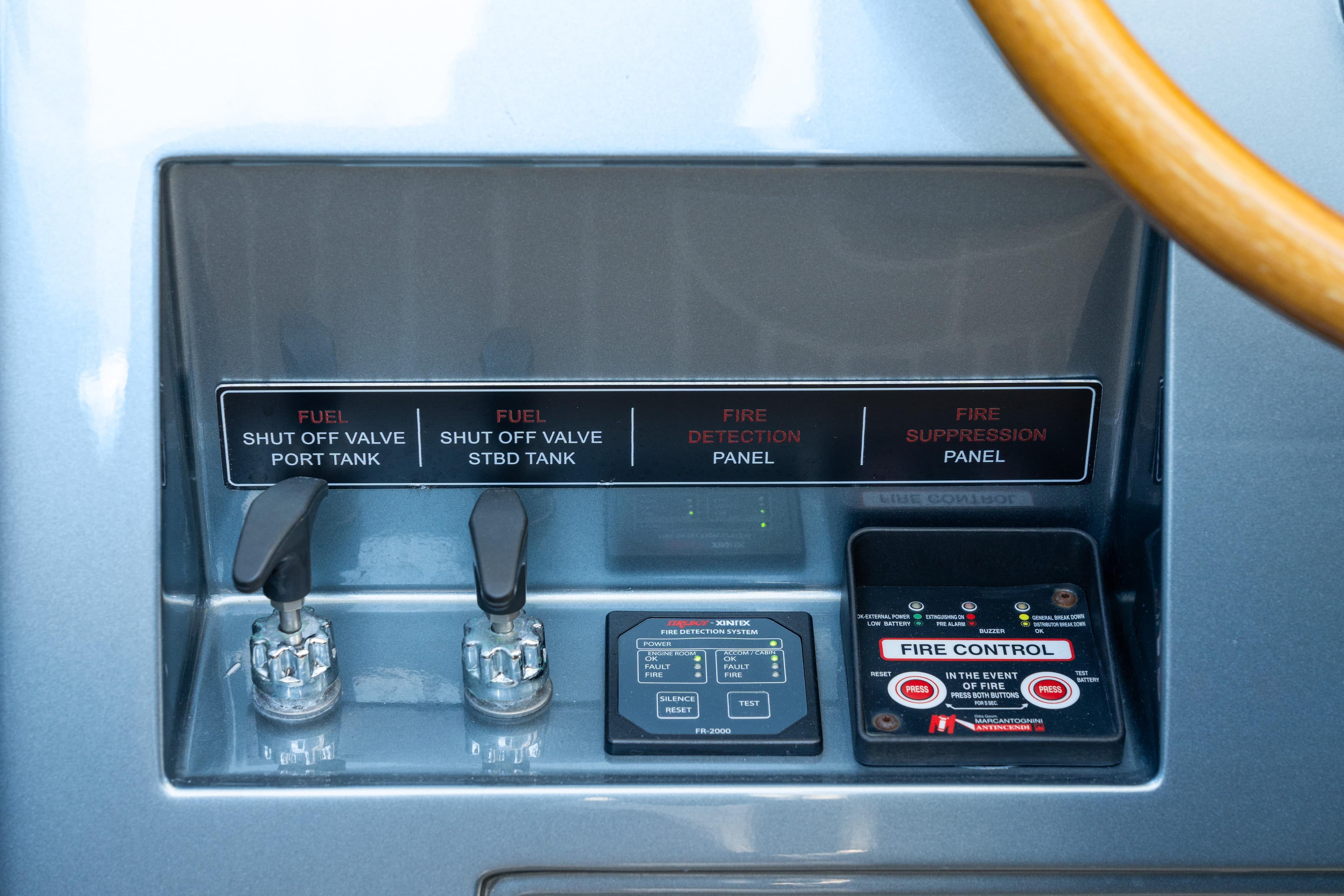 Control panel of 2024 CNM CONTINENTAL 54 SuperSport yacht with fuel and fire systems.