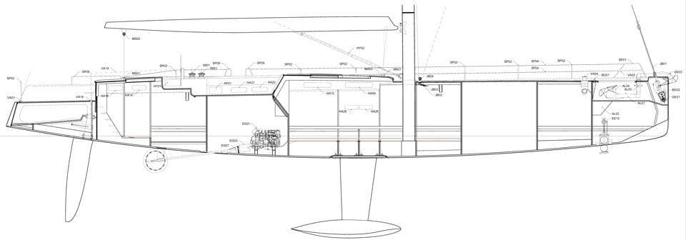 Line drawing of 2015 YYachts Y8 sailboat, showcasing interior layout and design features.