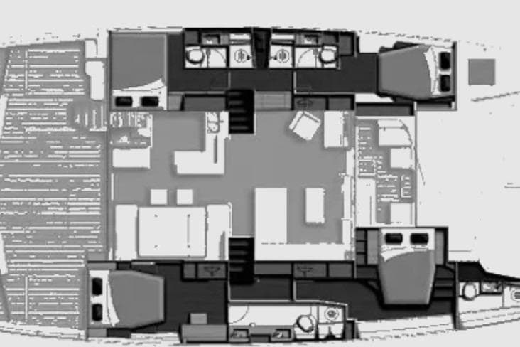 Floor plan of a 2020 Leopard 58 yacht, showcasing cabin and living areas.