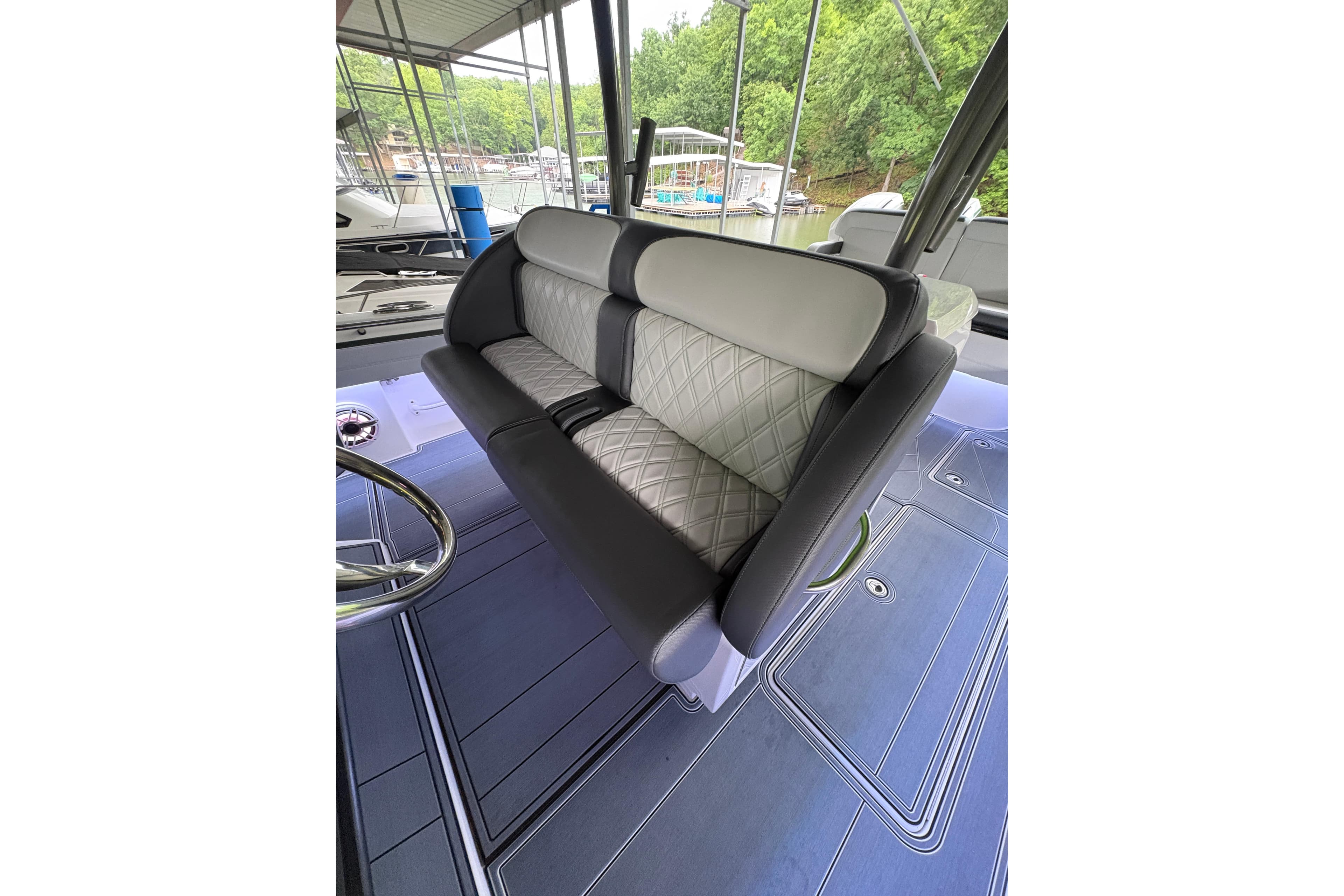 2022 Nor-Tech 392 Super Fish boat interior with stylish seating and modern design.
