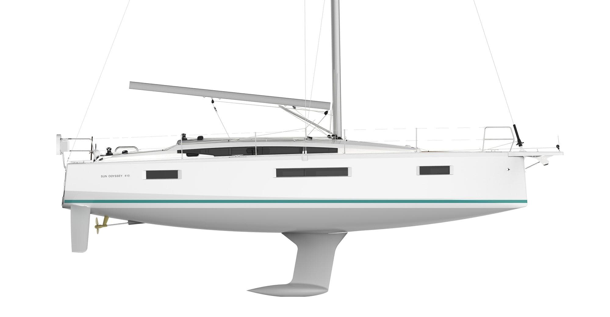 2026 Jeanneau 410 sailboat, side view, sleek design, white hull, modern features.