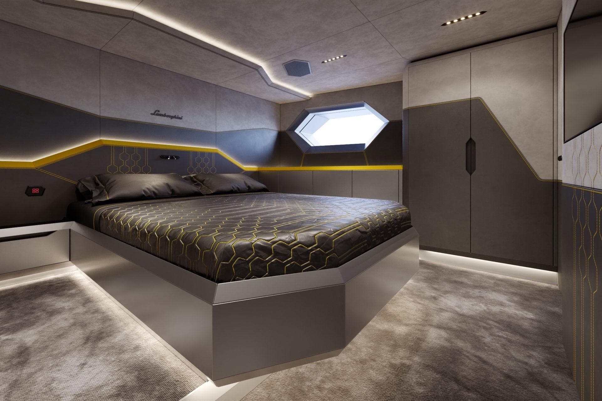 Luxurious bedroom interior of Tecnomar Lamborghini 101 yacht, 2027 model, featuring sleek modern design.