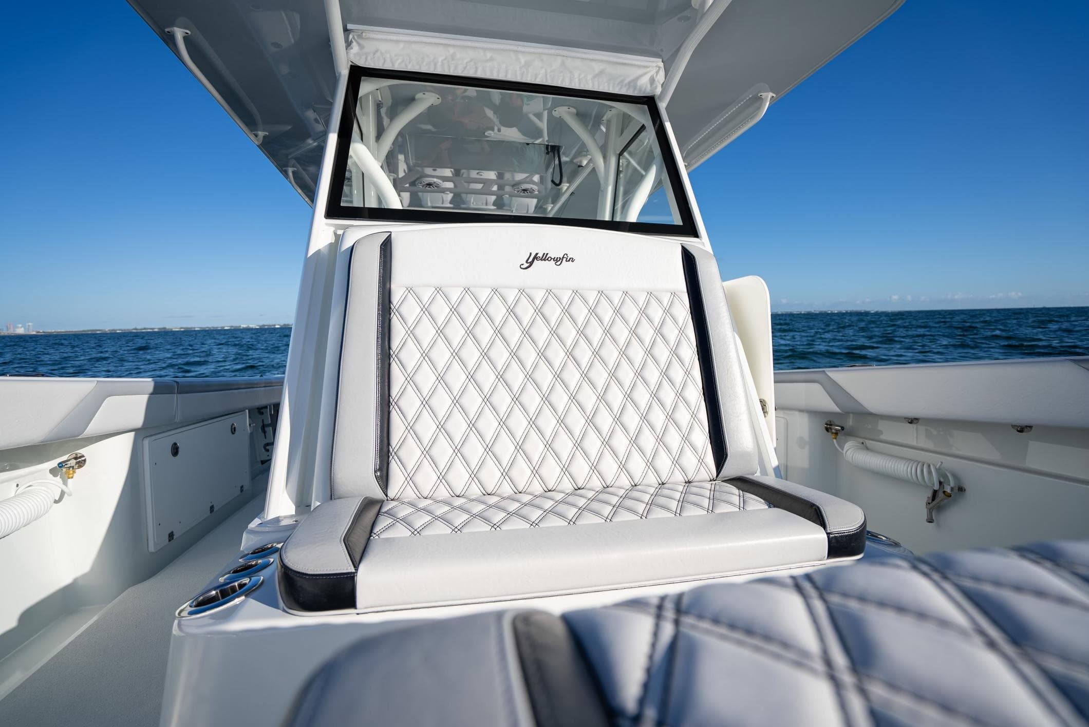 2019 Yellowfin 39 boat with luxurious seating on open water.