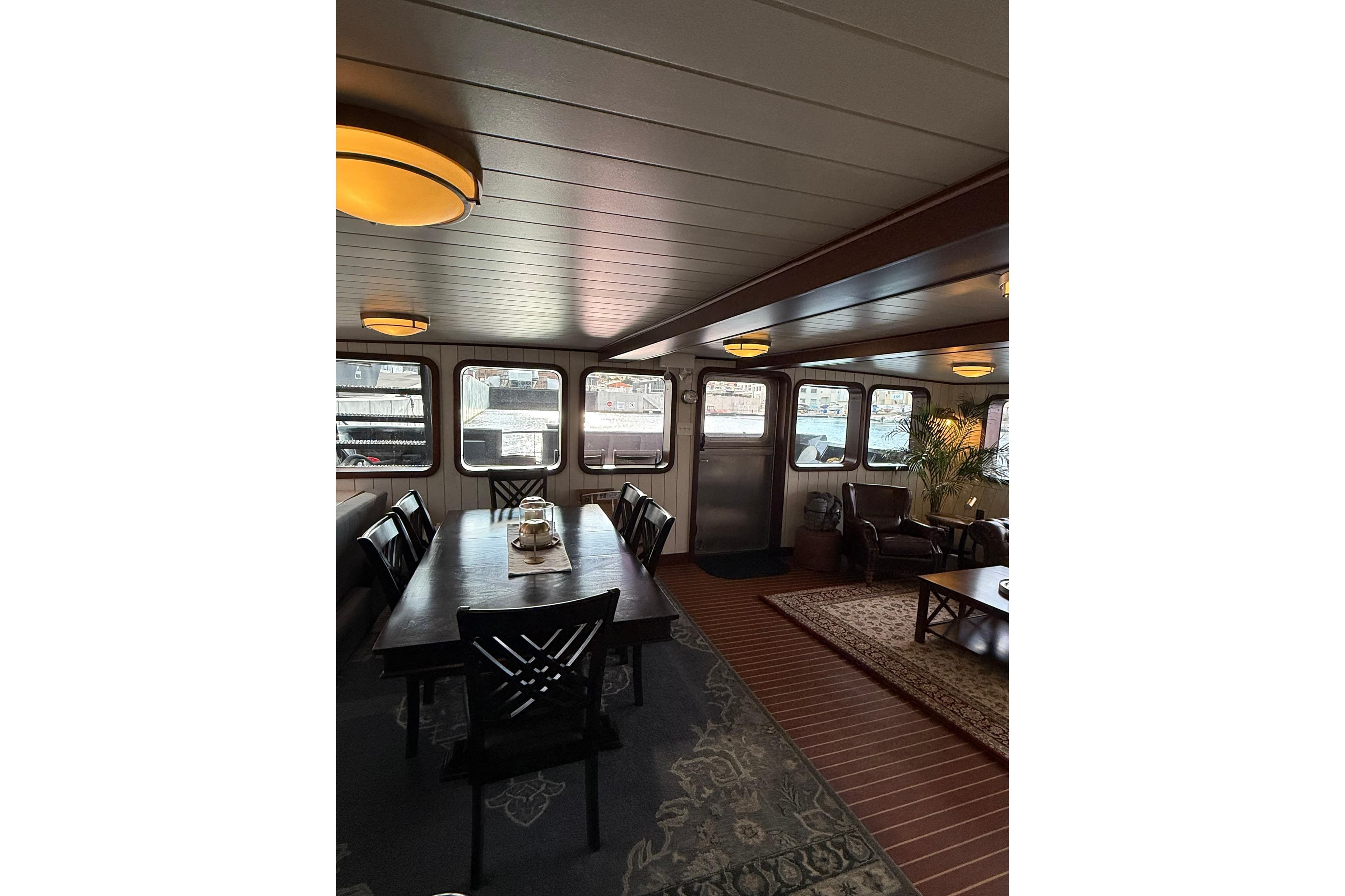 Luxurious ship interior with dining area, Custom Glovertown Shipyard 2021 model.