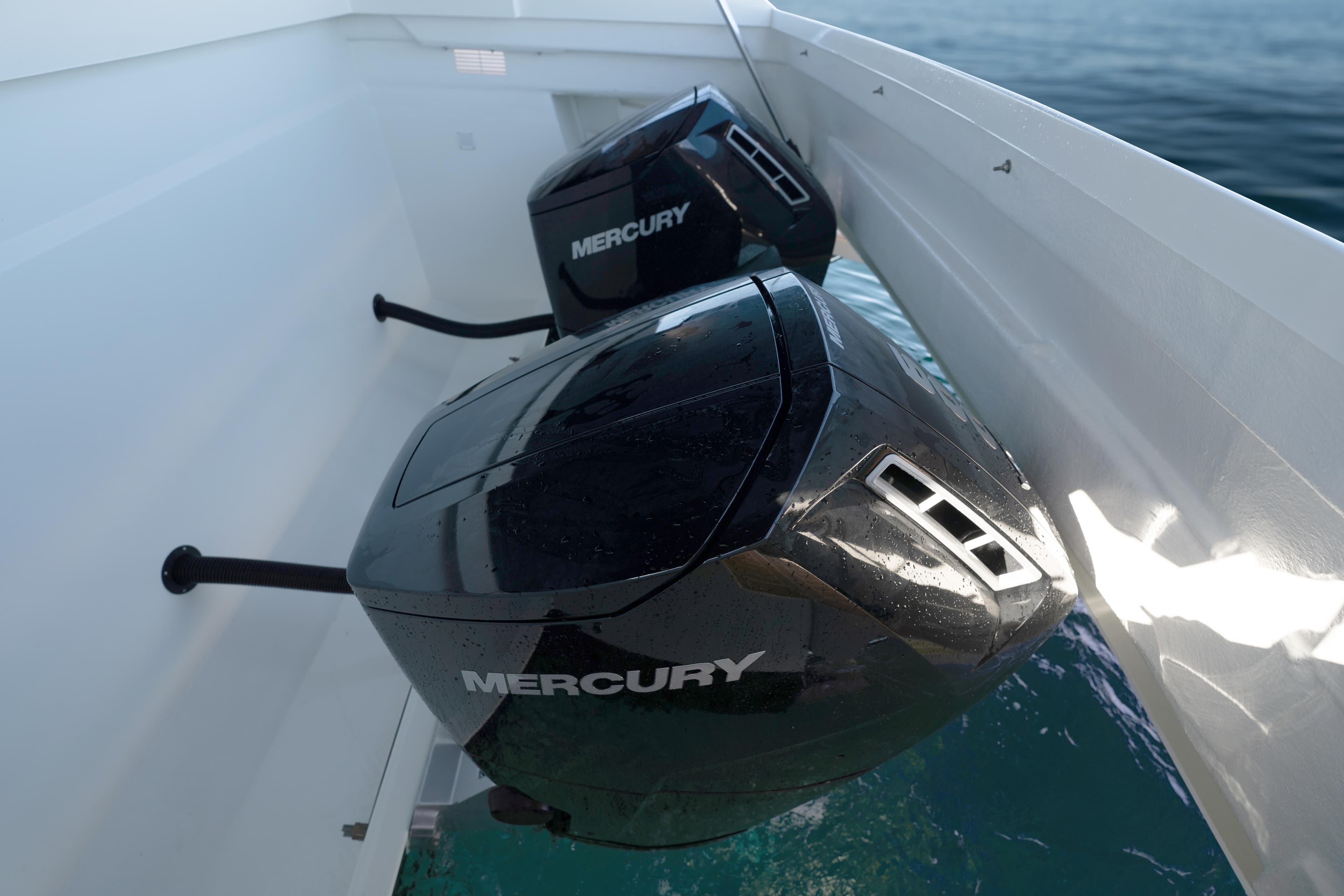 Twin Mercury outboard engines on 2024 De Antonio Yachts D50 Coupé.