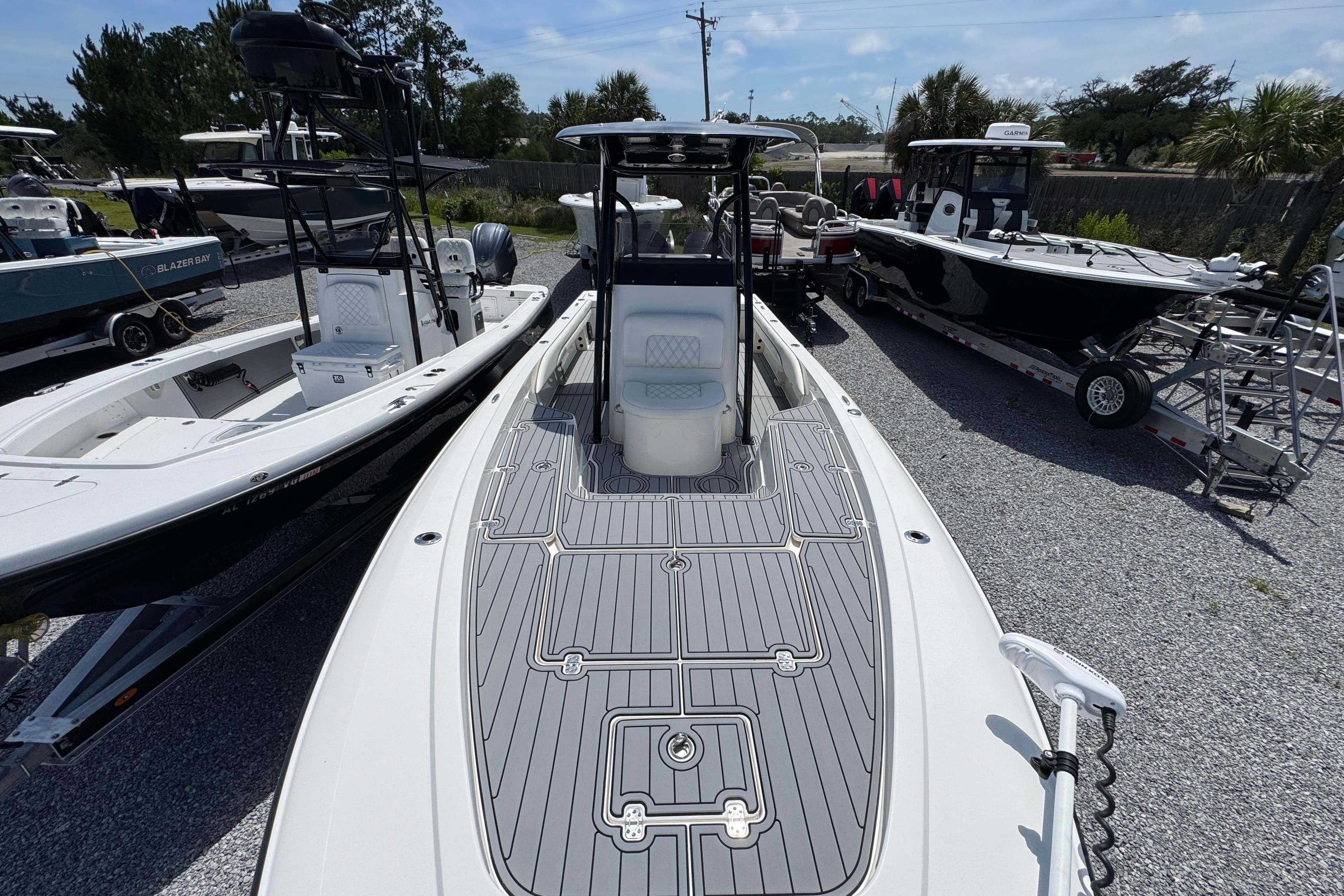 2019 ShearWater 270 Carolina Flare boat displayed in a marina setting.
