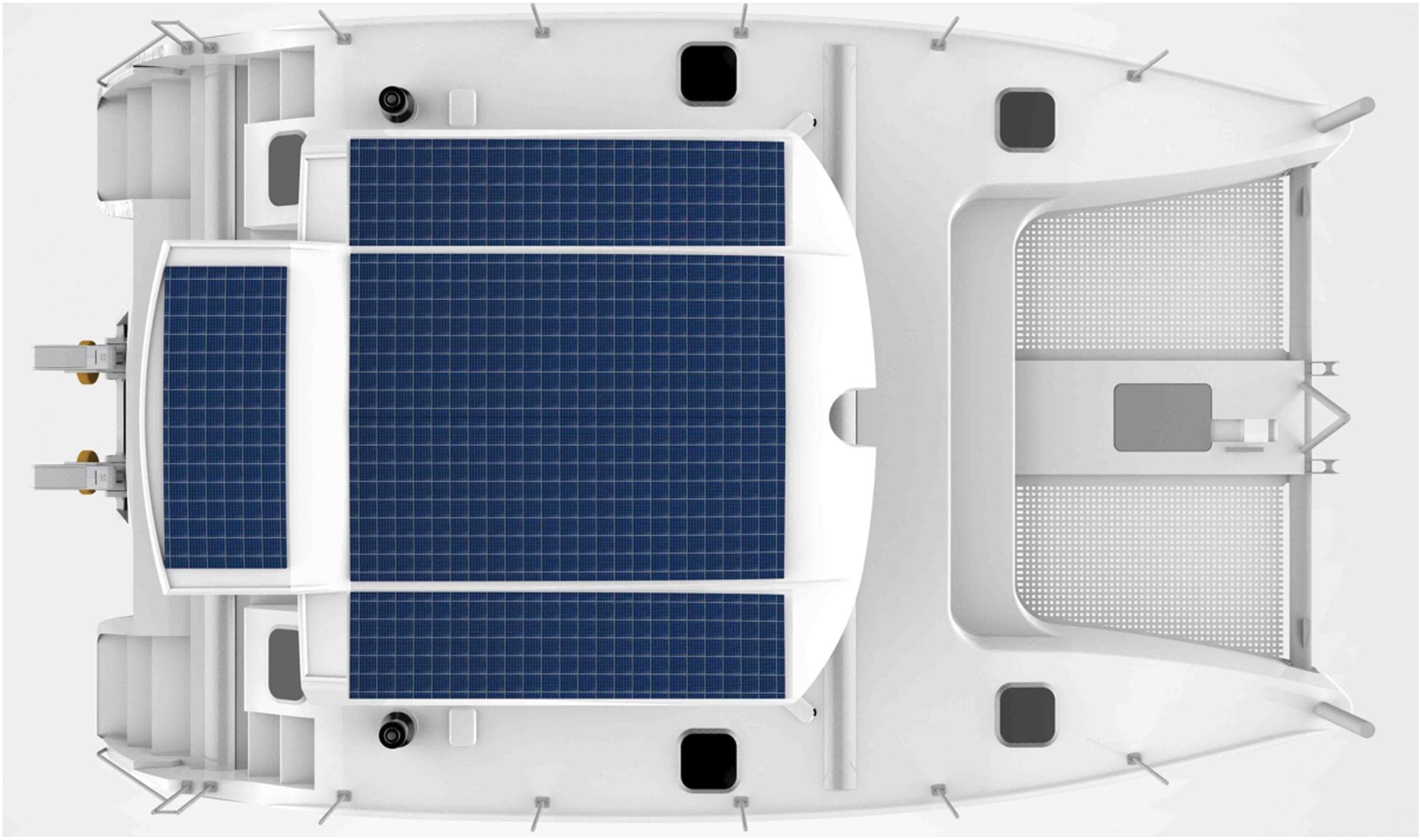 Top view of 2025 Smart Cat E280 Electric catamaran with solar panels.