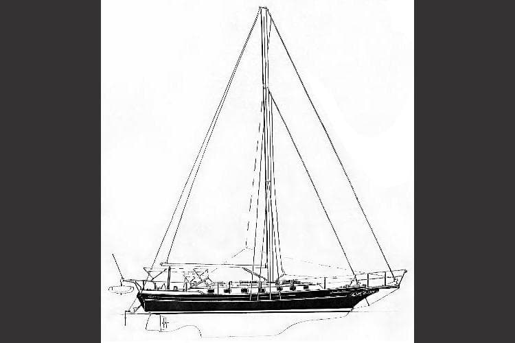 Line drawing of a 1993 Gozzard 44 MK1 AC sailboat, side view.