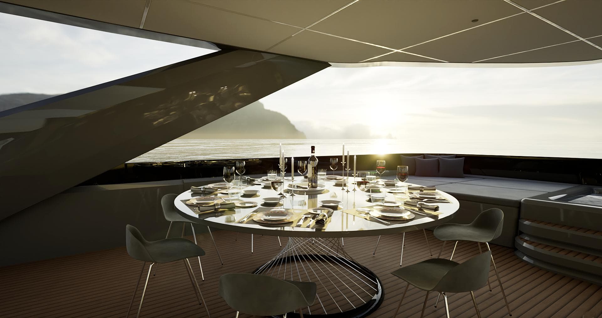 Luxurious dining area on Naval LXT140 yacht, year 2027.