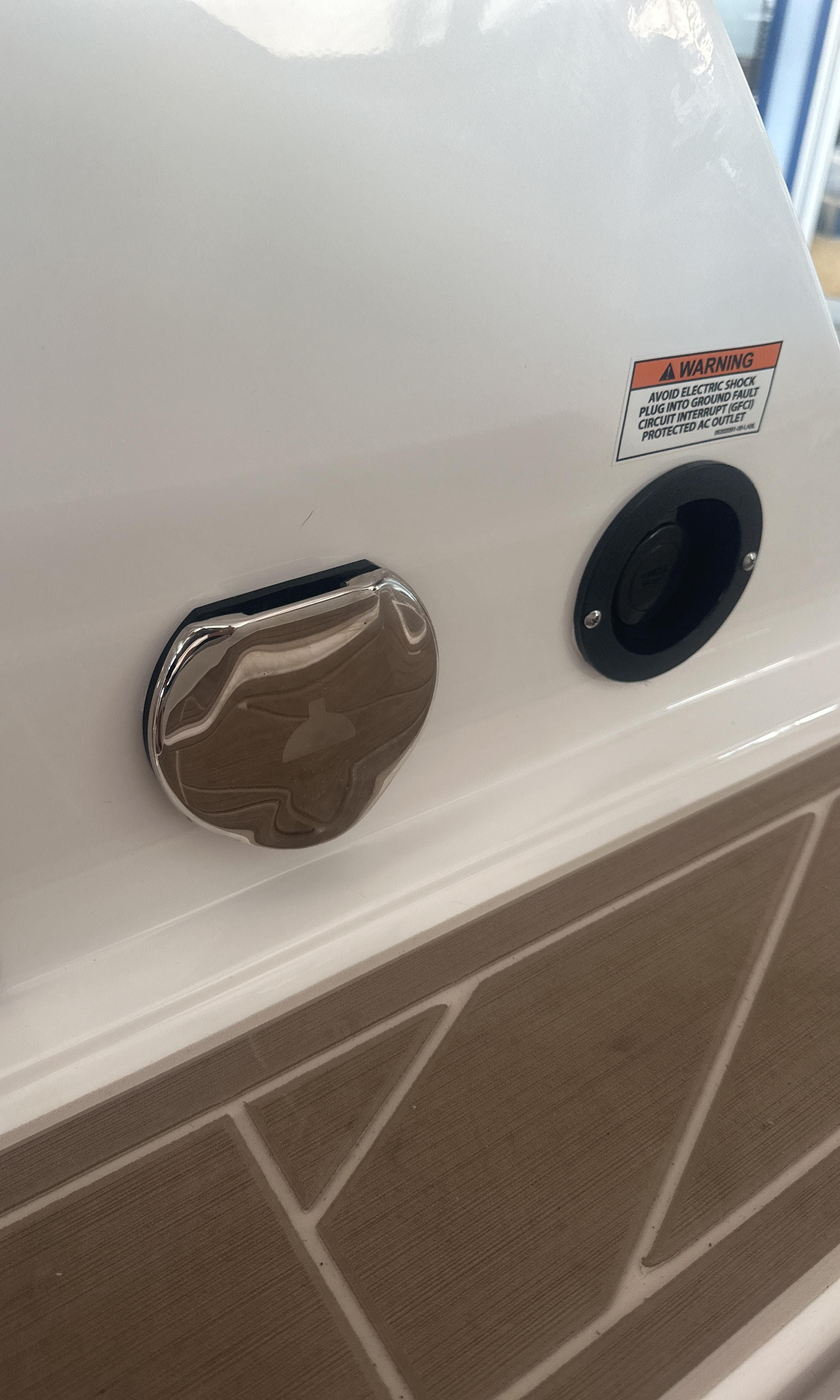 2025 Monterey M45 boat detail showing fuel cap and warning label.