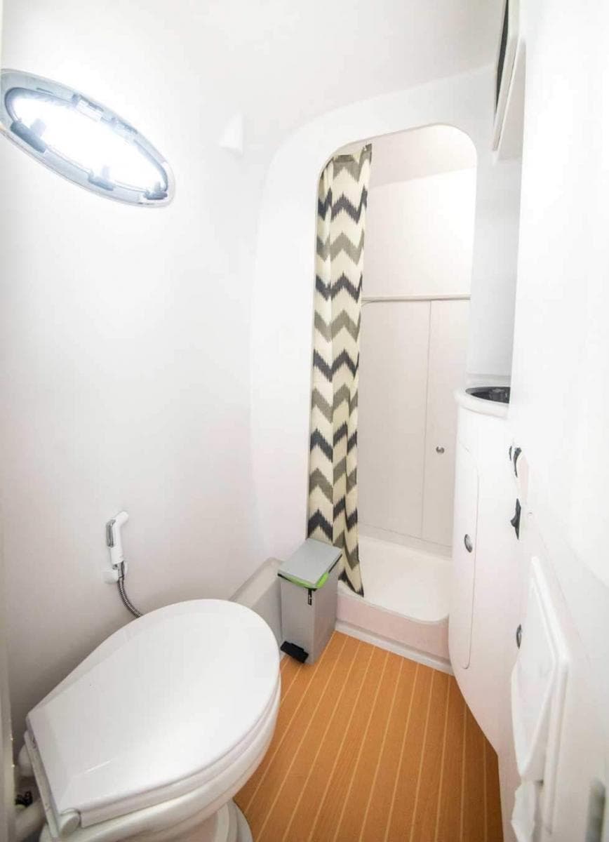 2019 Catamaran Stealth 47 Power Cat bathroom with shower, toilet, and chevron curtain.