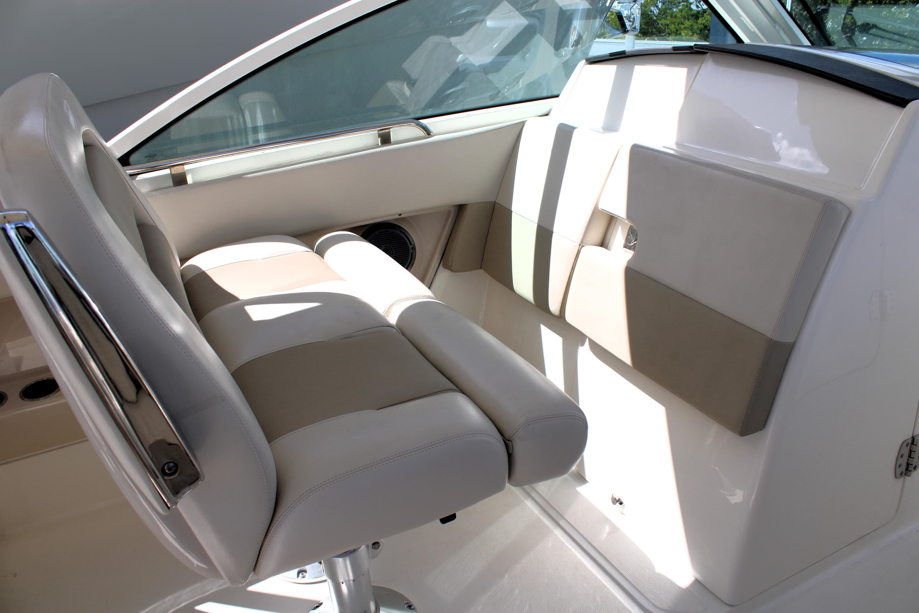 Interior seating of 2021 Boston Whaler 320 Vantage boat, featuring sleek design and comfortable upholstery.