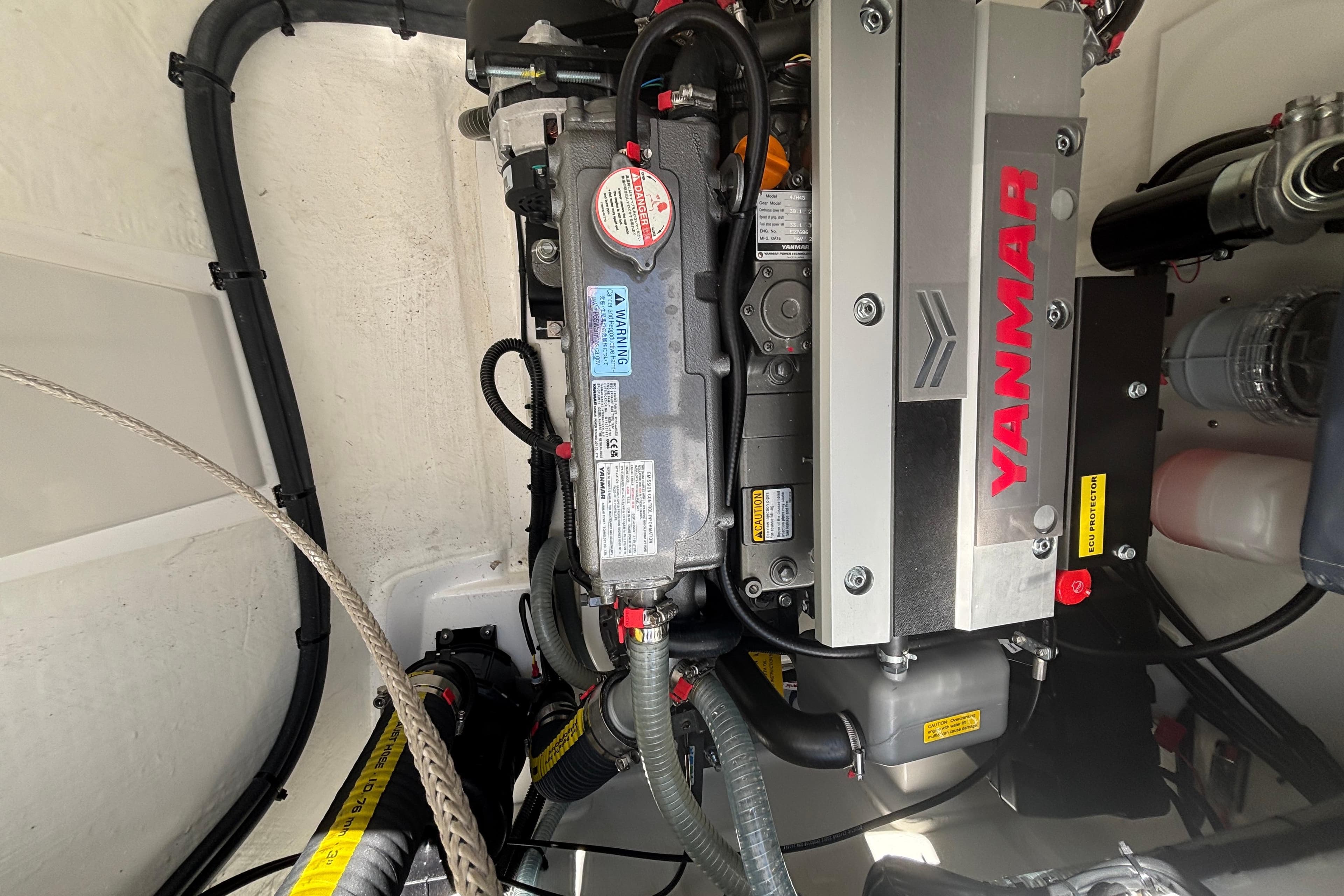 Engine compartment of a 2025 Leopard 42 yacht featuring a Yanmar engine.