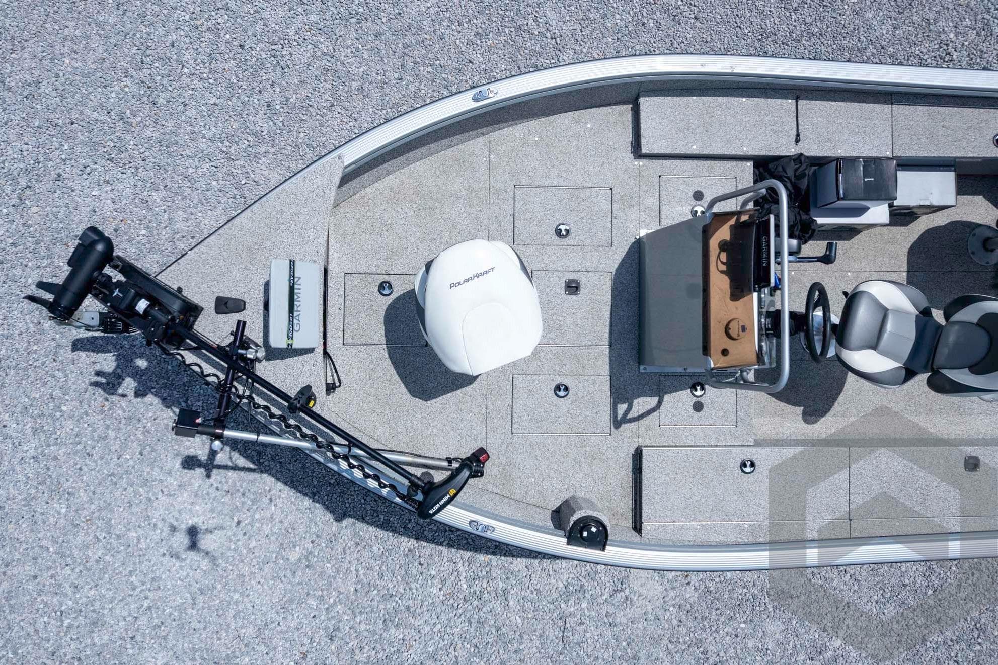 Overhead view of 2023 Polar Kraft Outlander 186 CC boat deck with seating and equipment.
