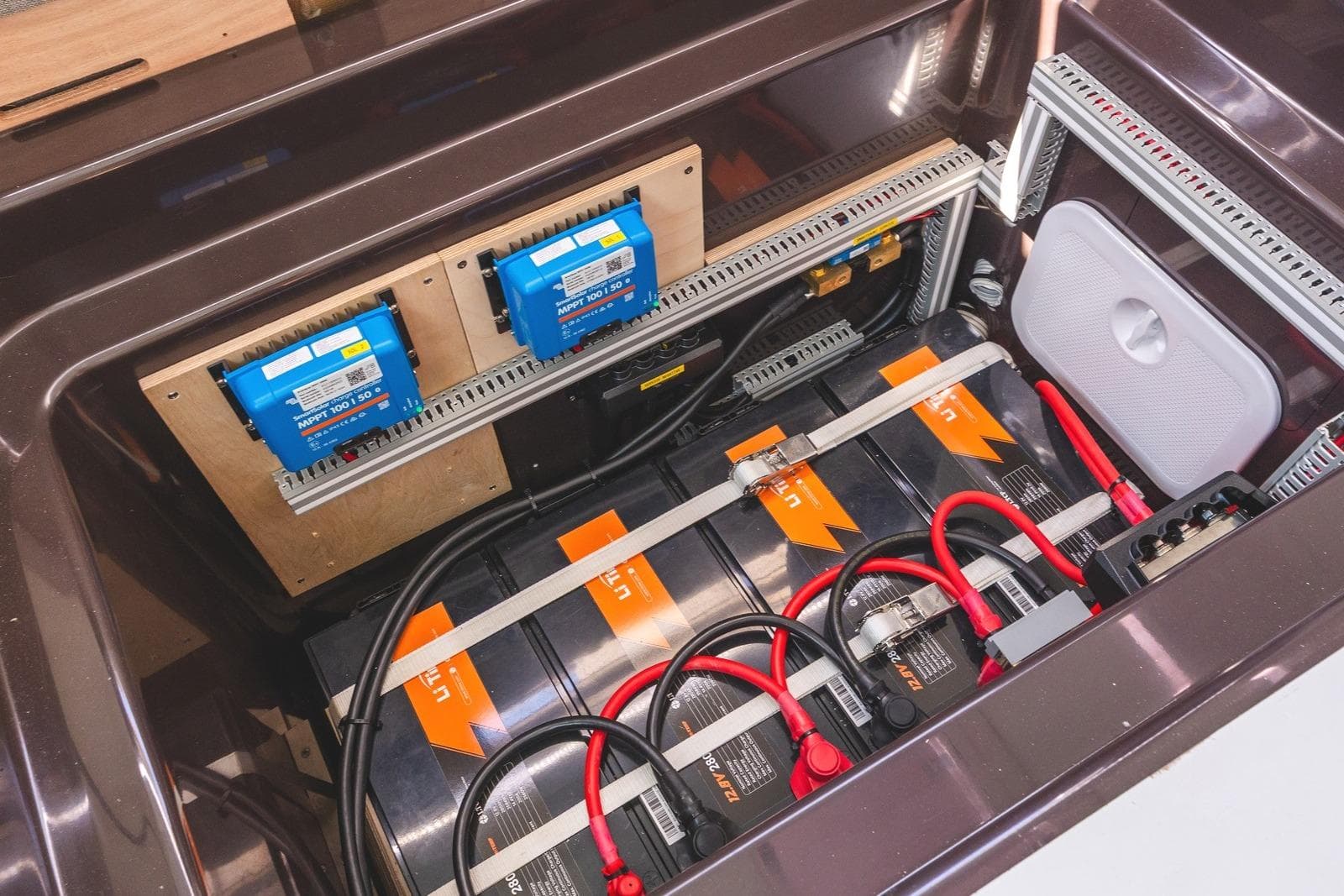 Electrical system of 2023 Fountaine Pajot Astrea 42 Maestro with batteries and wiring.