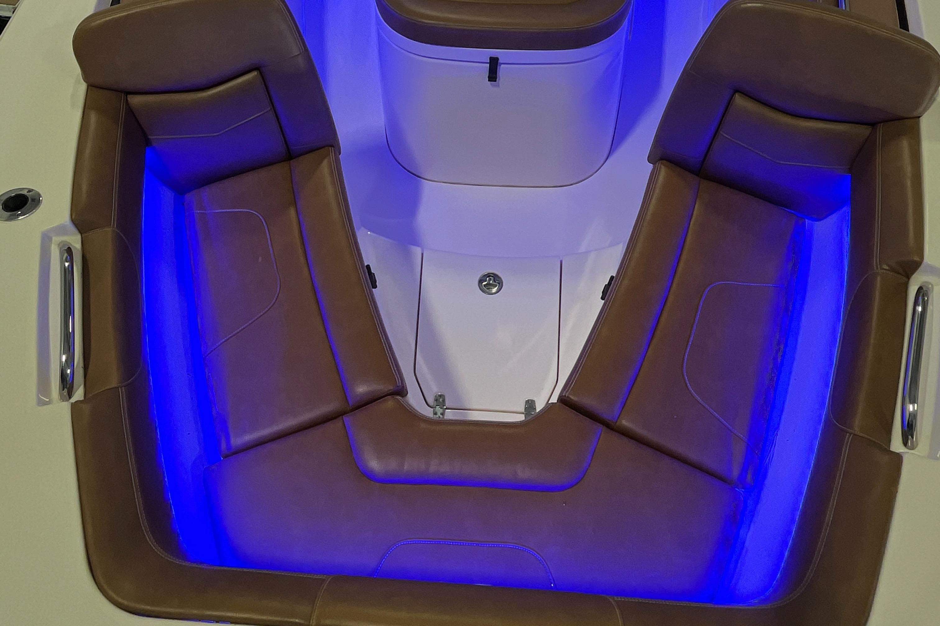2021 Scout 305 LXF boat interior with blue LED lighting.