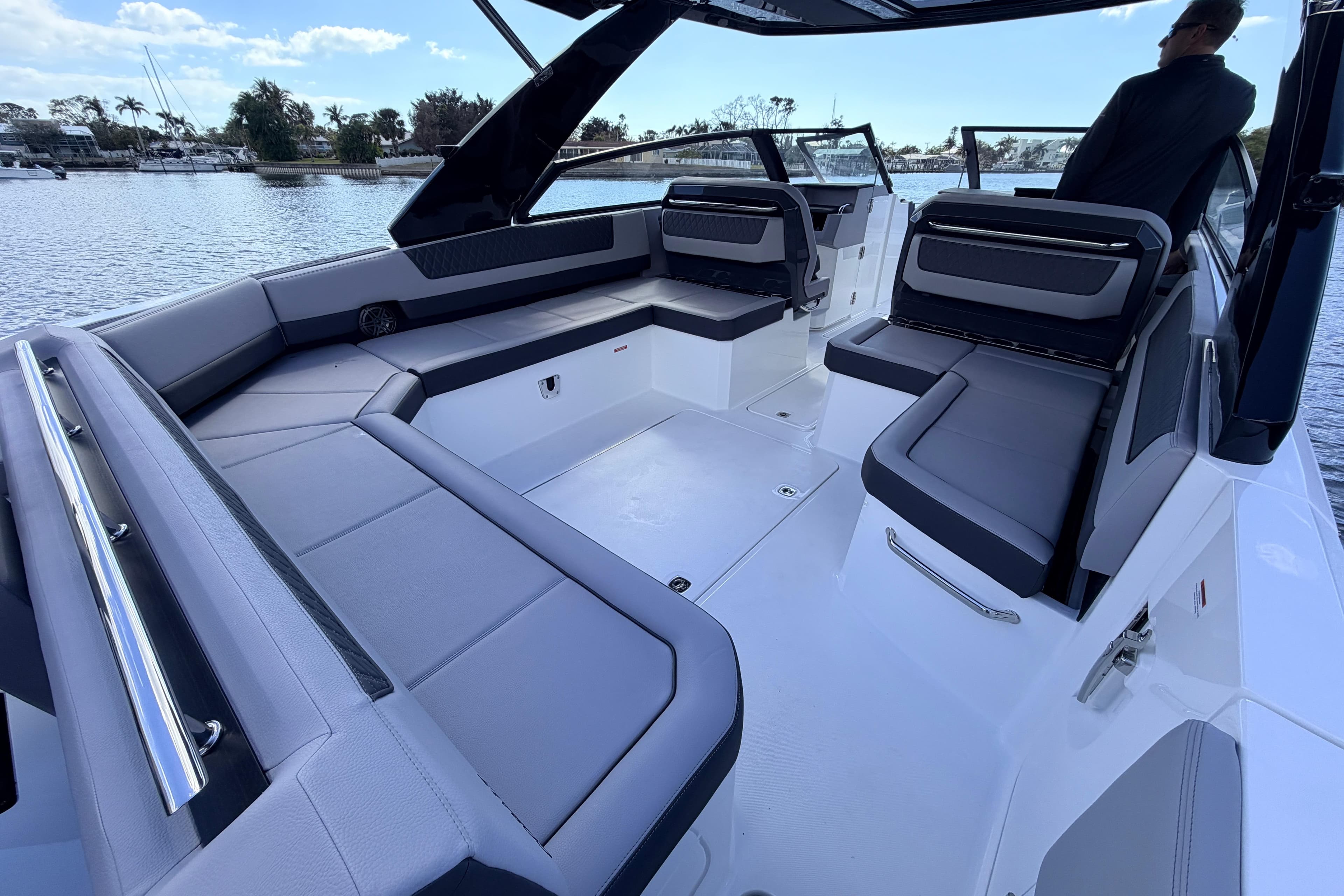 Luxurious interior of 2026 Cobalt R35 Outboard boat with sleek seating and modern design.