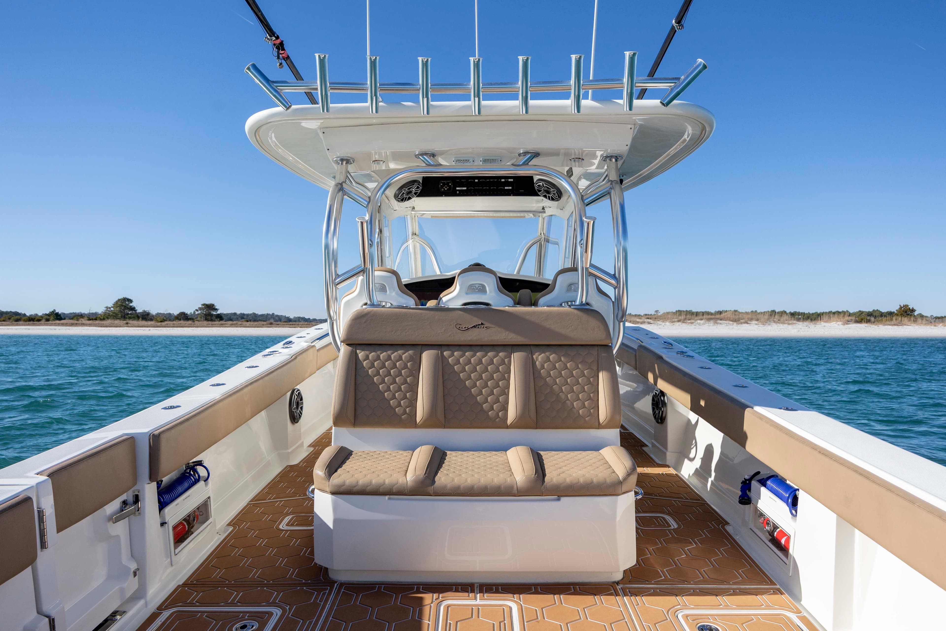 2020 Blackwater 41 Tournament boat interior with seating, ocean view, and clear sky.