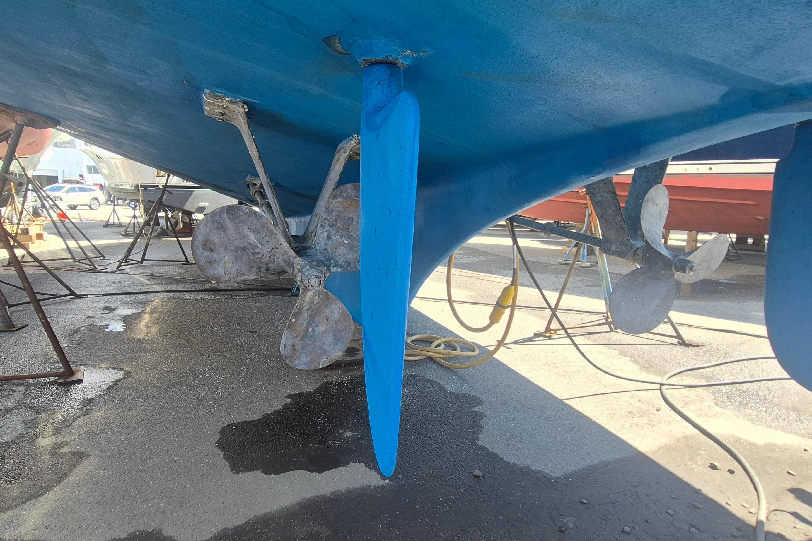 1983 Grand Banks 42 Motoryacht propellers and rudder in dry dock.