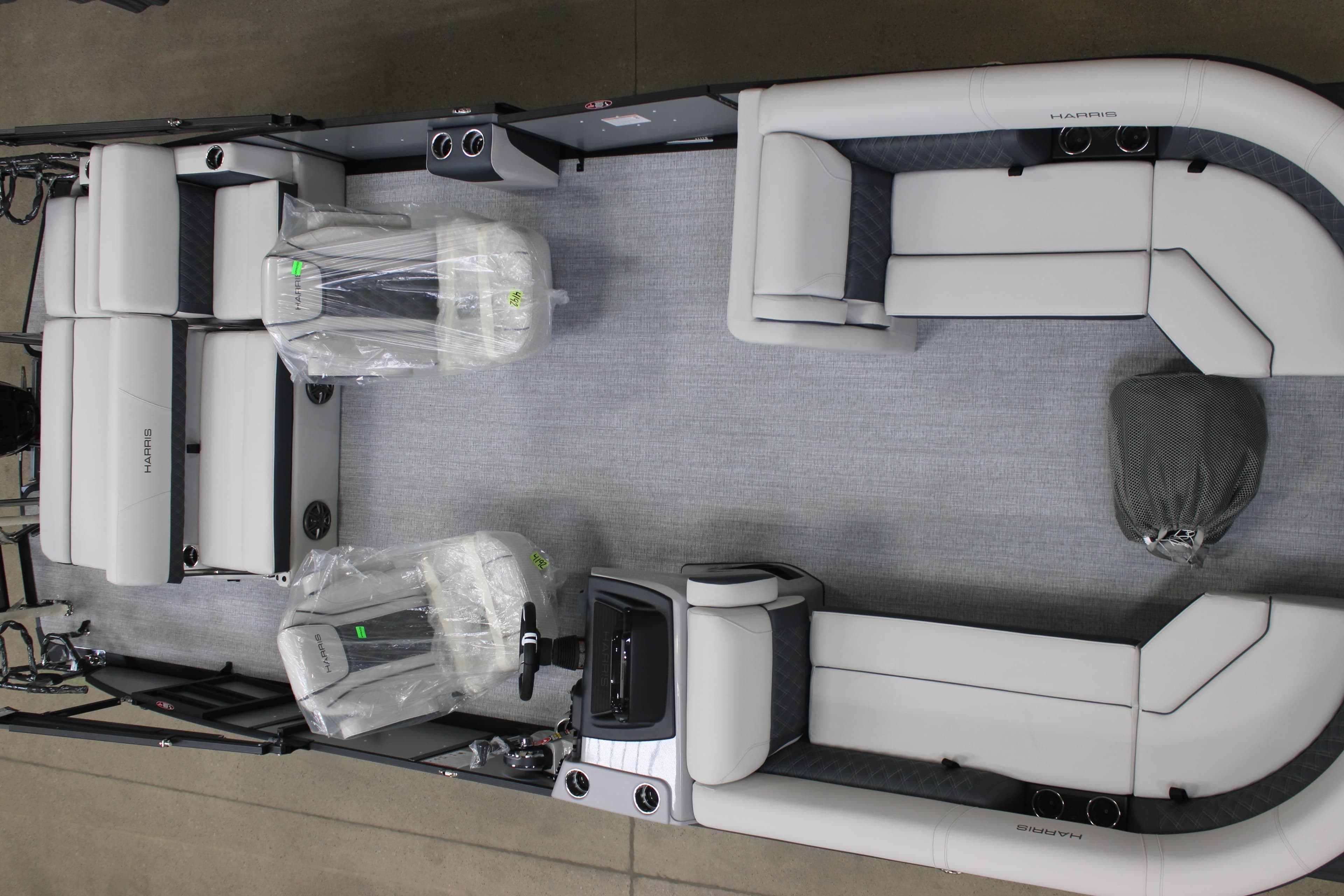 2025 Harris Sunliner 230 pontoon boat interior with plush seating and modern design.