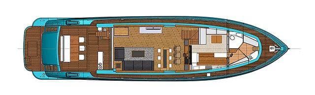 Top view of 2026 Schaefer 25M yacht layout, featuring spacious interior design.