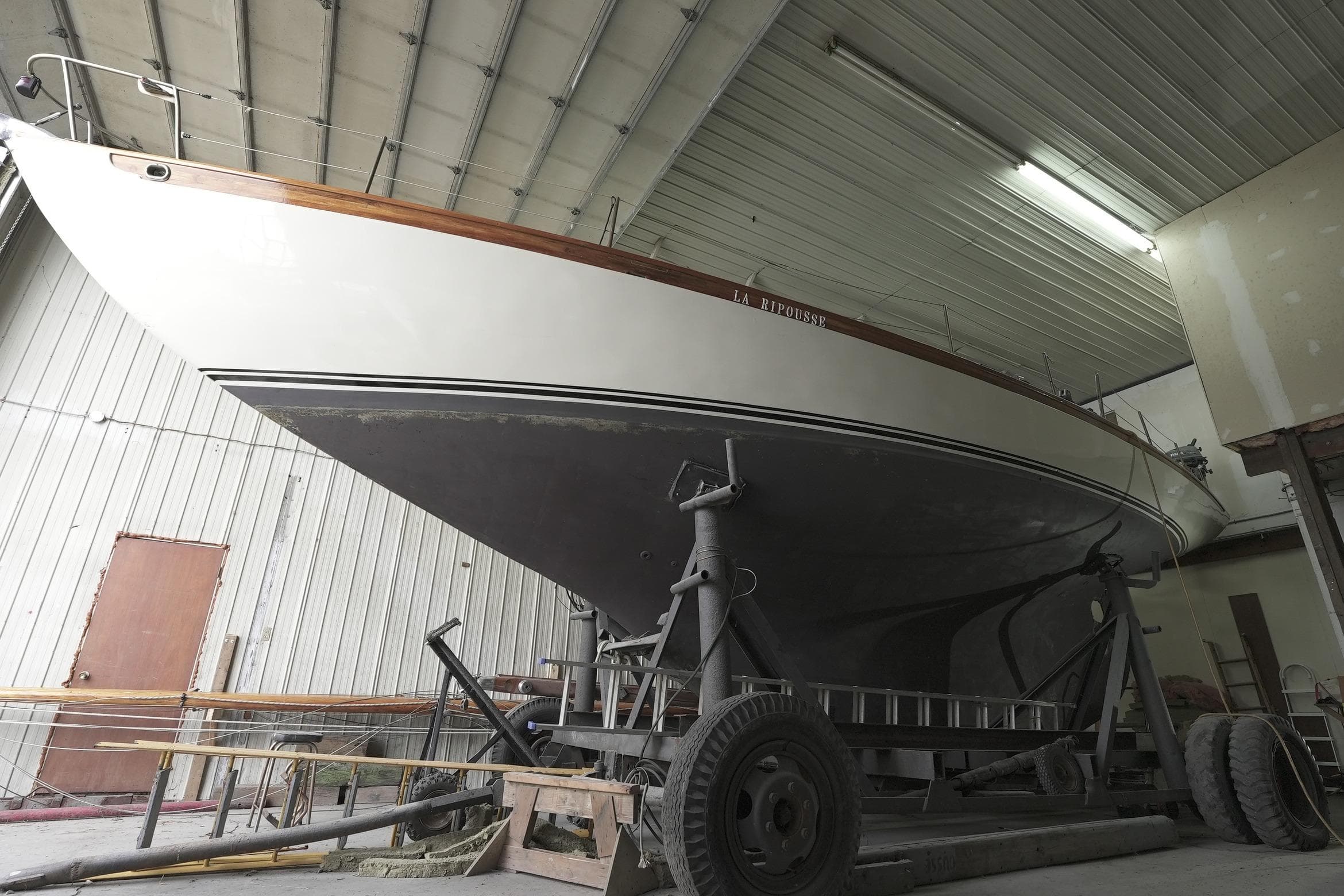 Sailboat "La Ripousse" in a workshop, Rhodes Design 632, 1962 model.