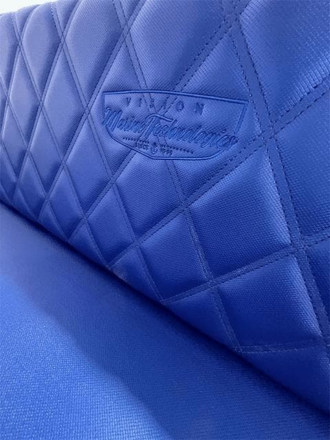 Quilted blue seat with Vision Marine Technologies logo, Volt 180, 2023 model.
