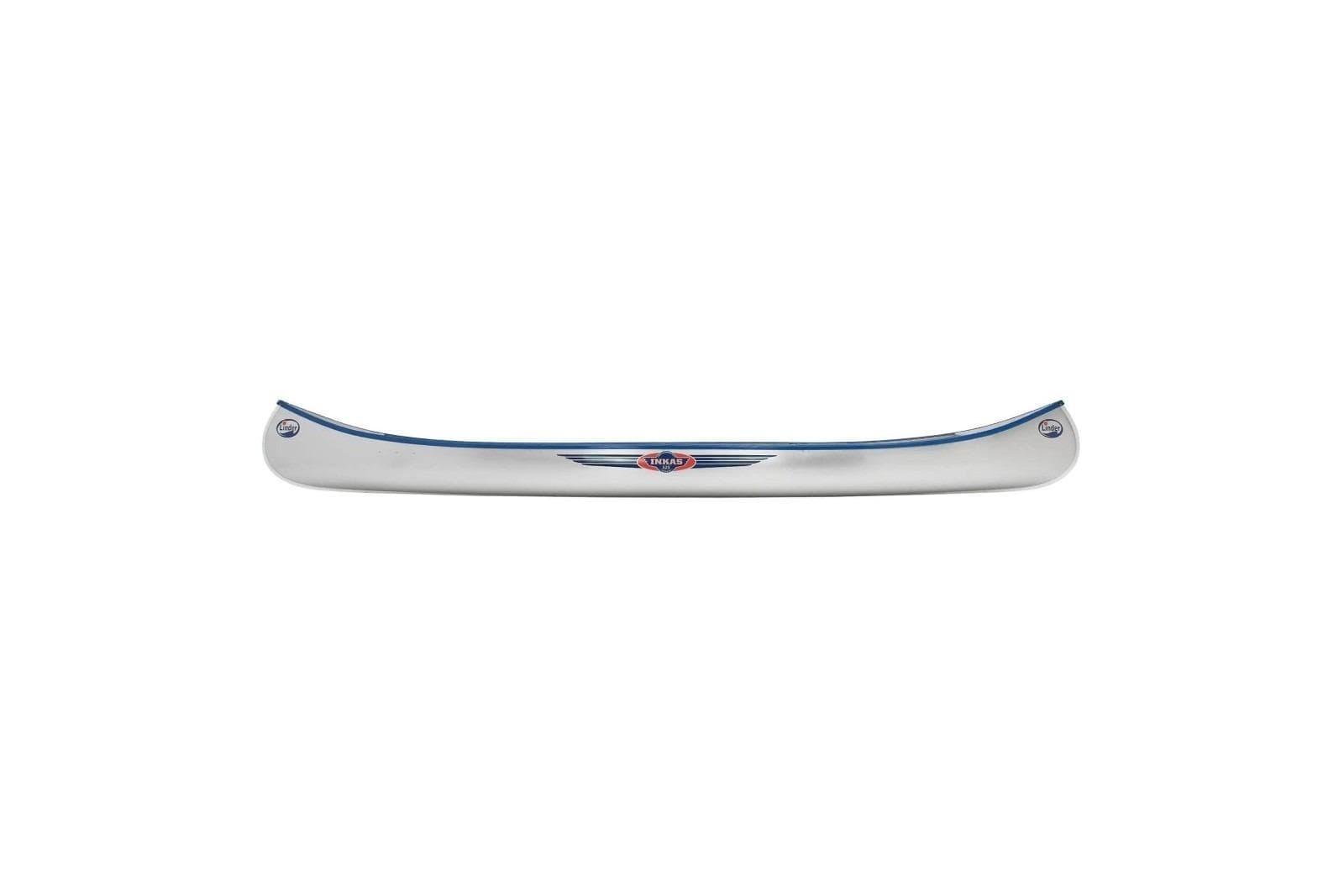2025 Linder Inkas 525 canoe, sleek silver design with blue accents.