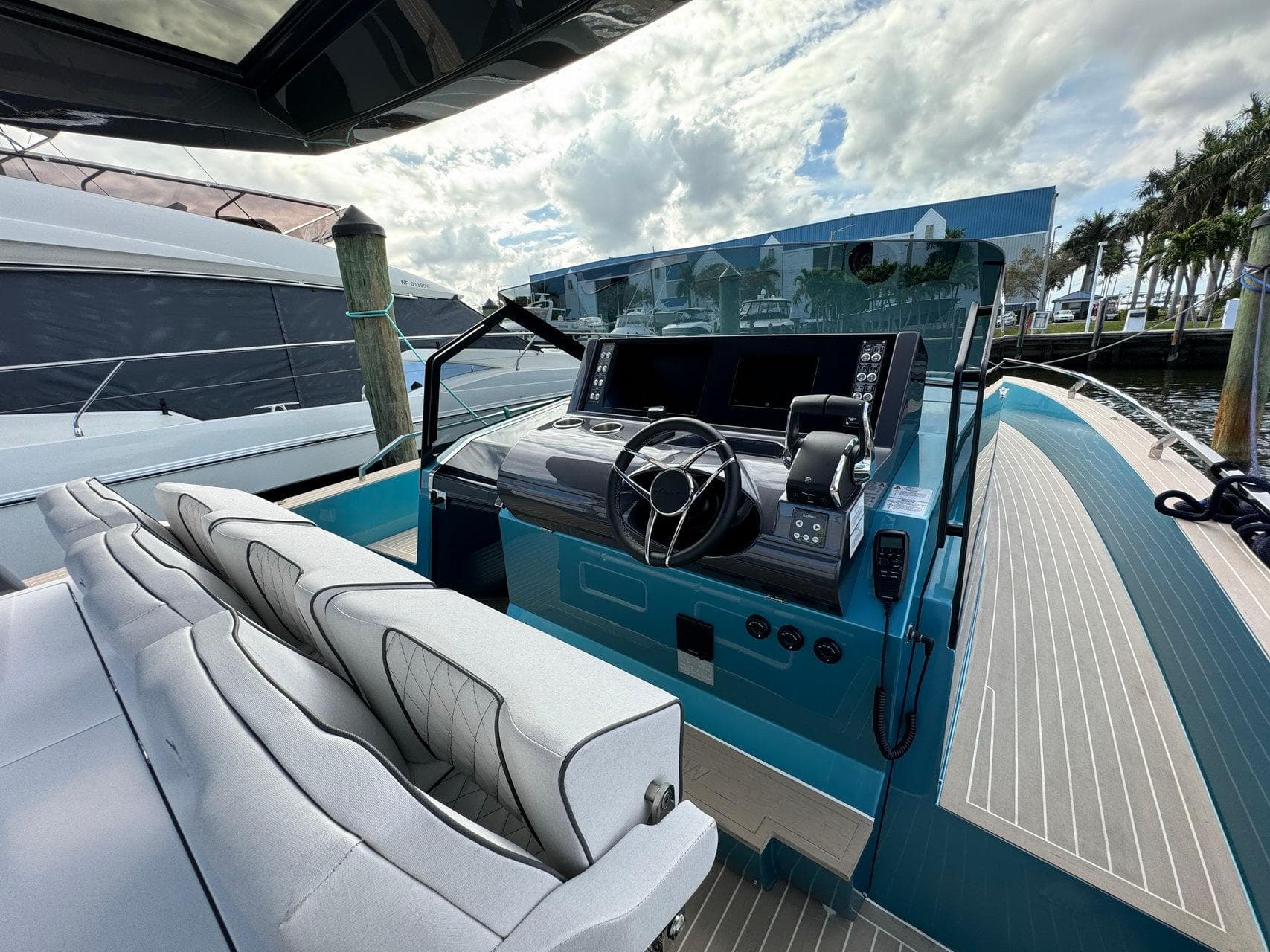 2025 Fiart 39 Seawalker yacht helm station with modern controls and seating.