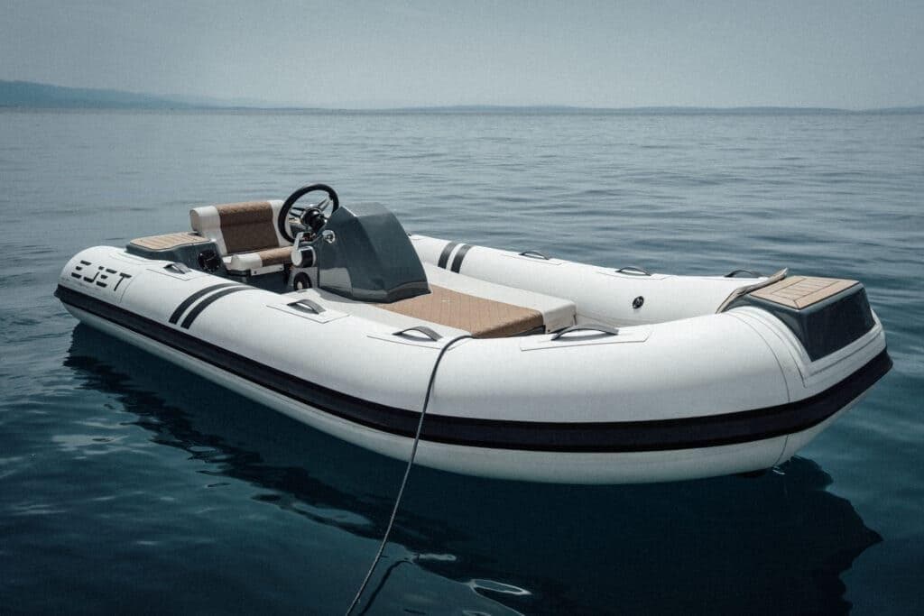 2026 ejet 4X inflatable boat on calm water, featuring sleek design and modern controls.