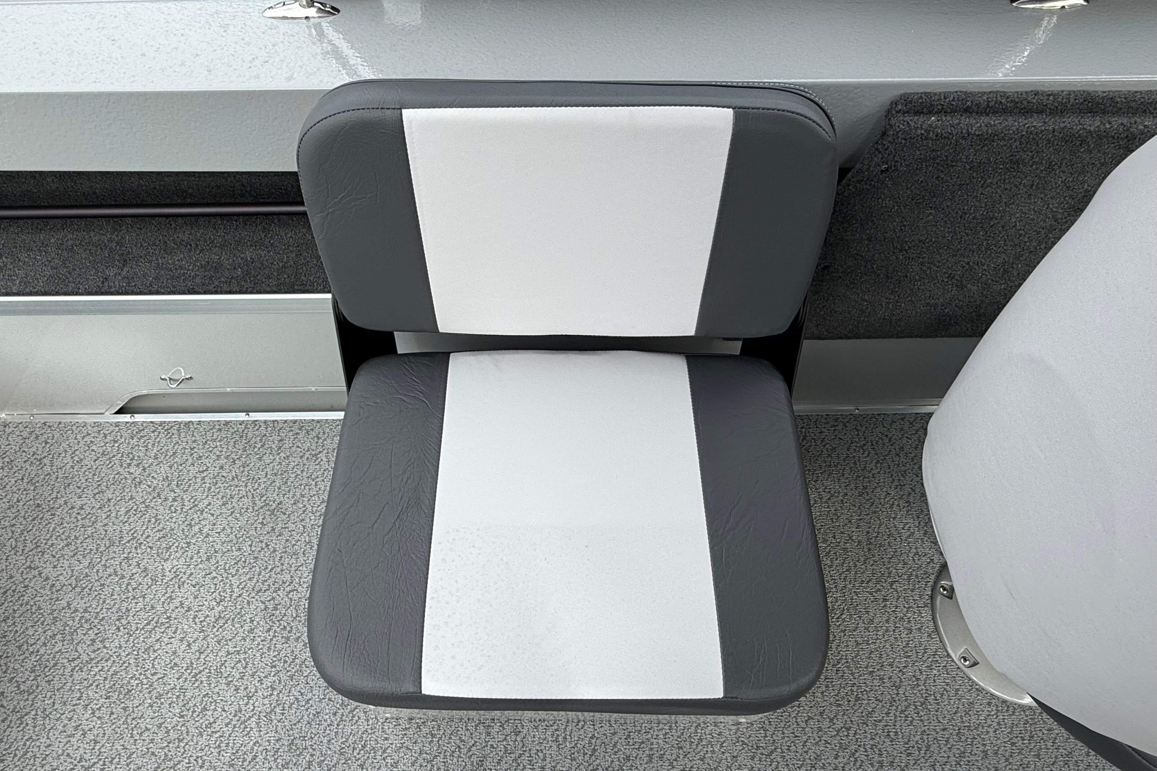 2025 Smoker Craft Osprey 162 boat seat, gray and white upholstery, modern design.