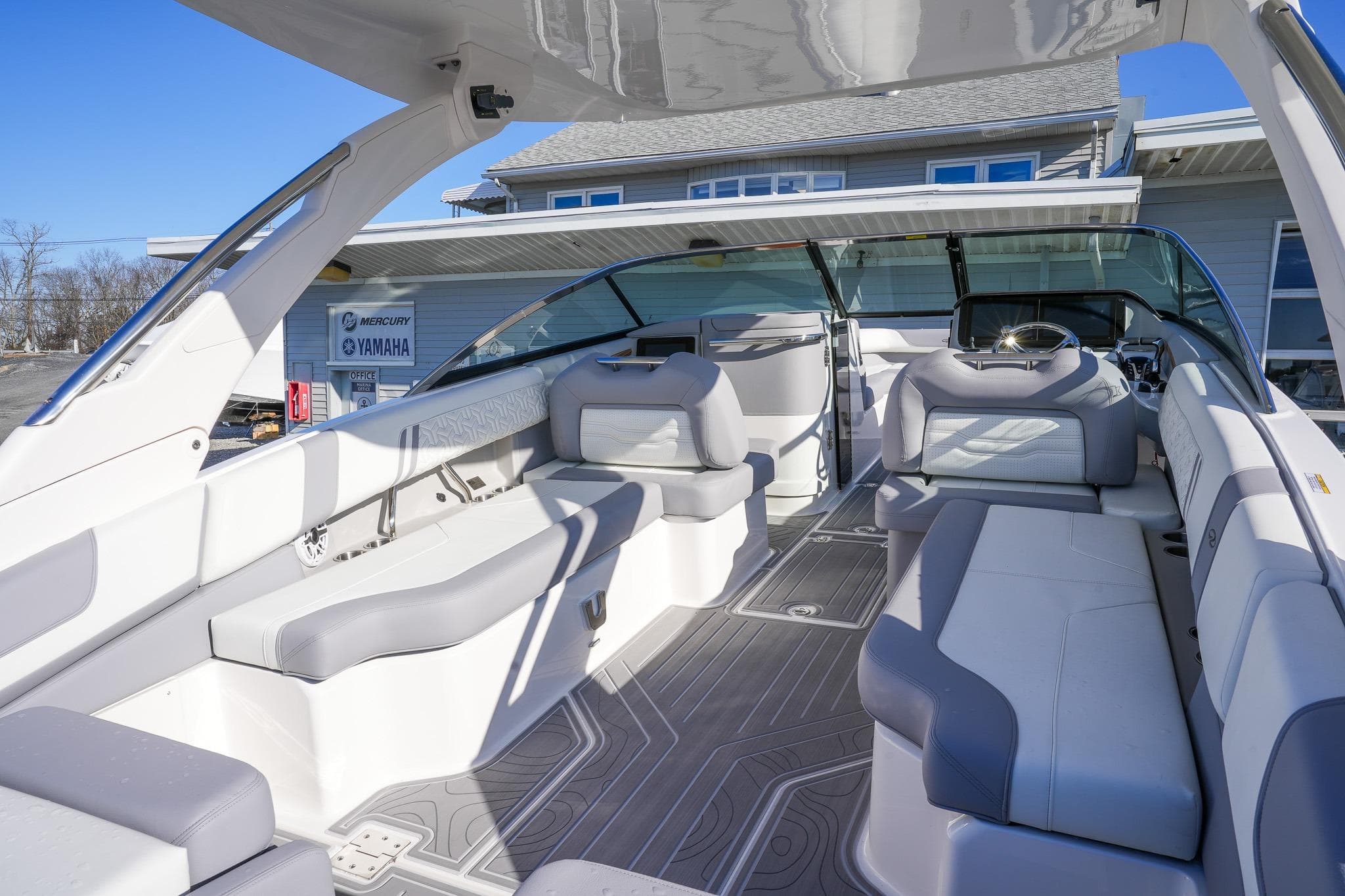 Luxurious 2026 Regal LX9 boat interior with sleek seating and modern design.