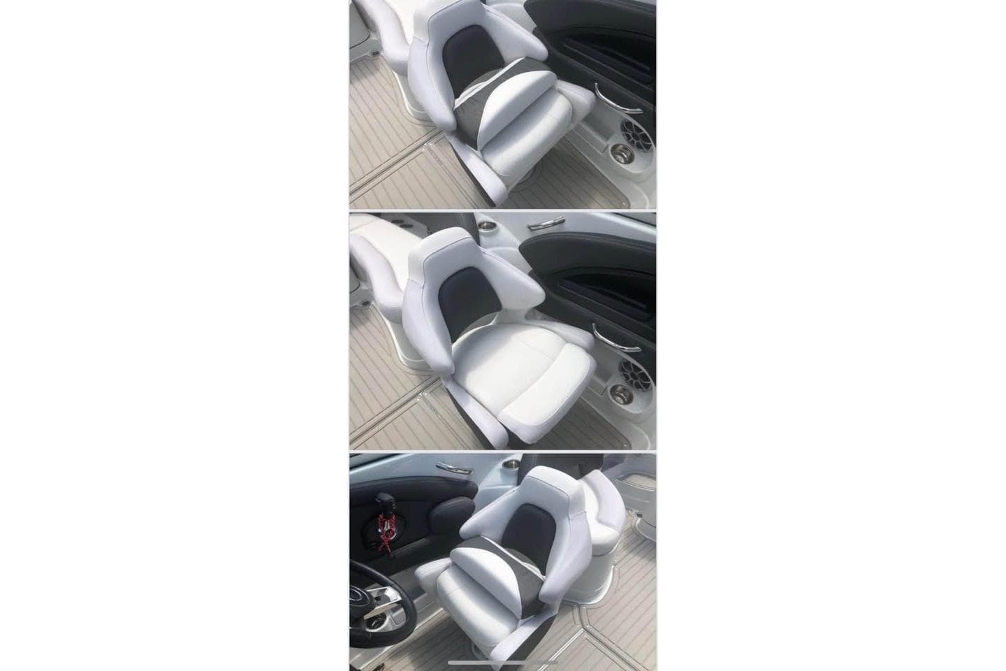 2020 Crownline Eclipse E255 boat seats, white and black, on deck.