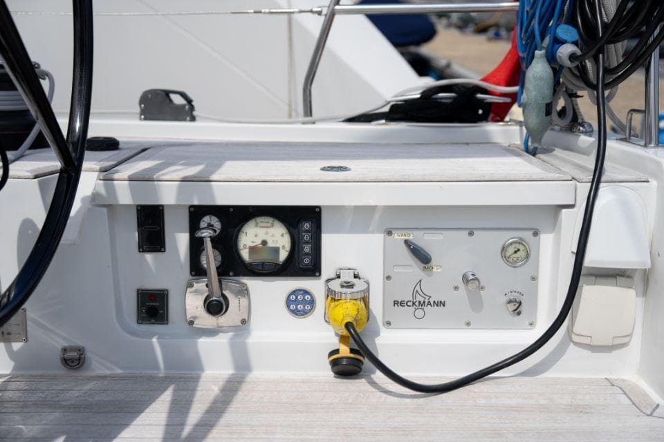 Control panel of a 2015 Grand Soleil 50 yacht, featuring various gauges and switches.