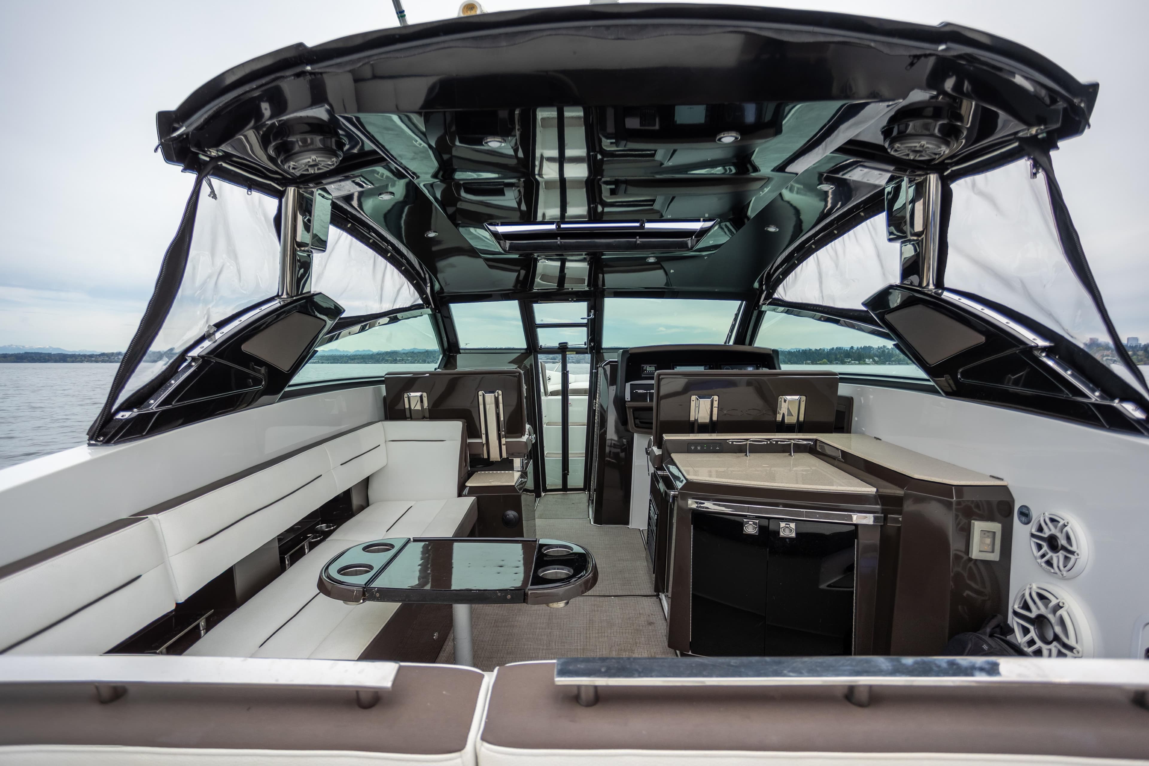 Luxurious interior of a 2019 Cobalt A36 boat with modern seating and amenities.