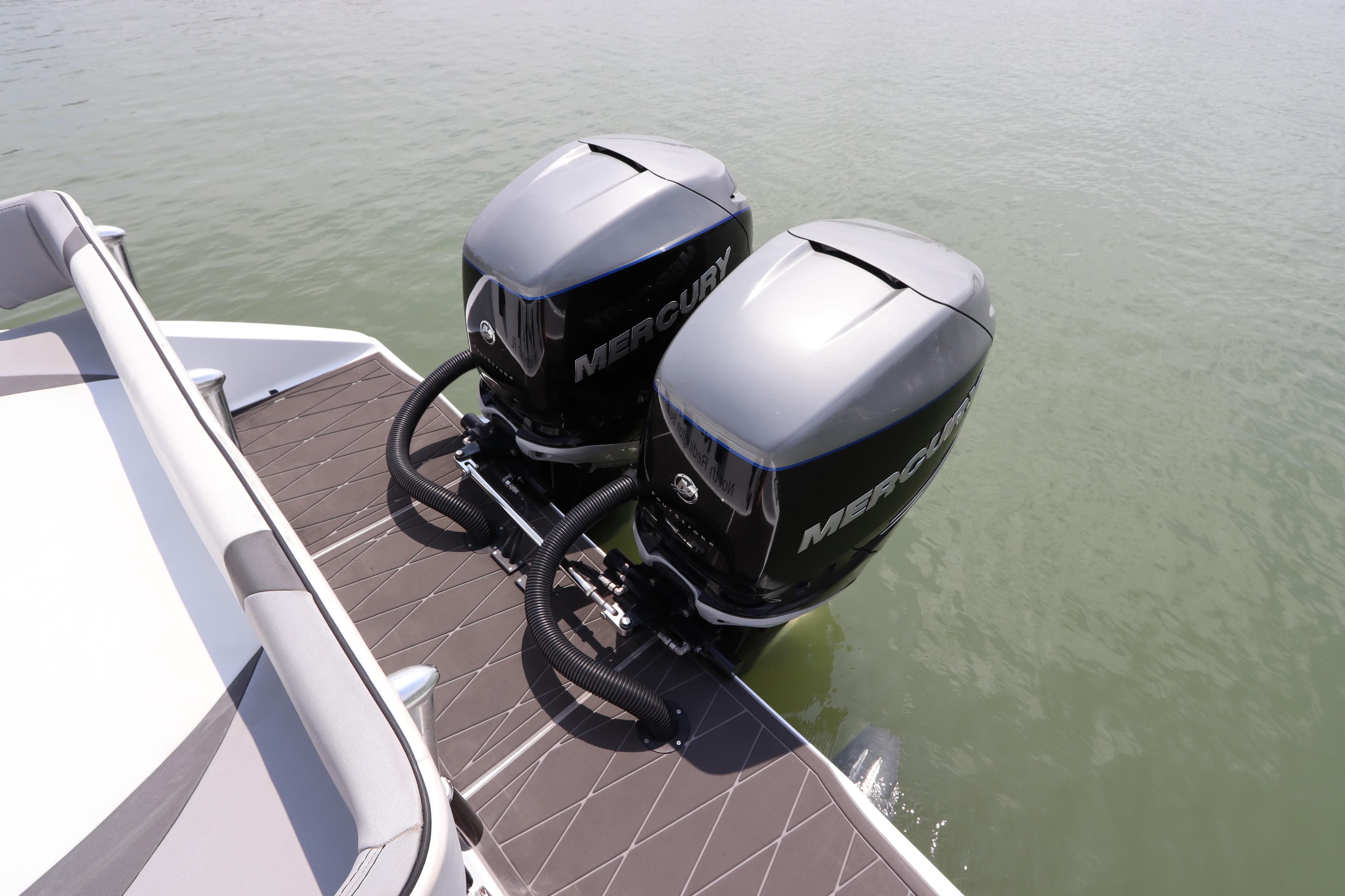 Twin Mercury outboard engines on a 2019 Statement 350 Open boat.