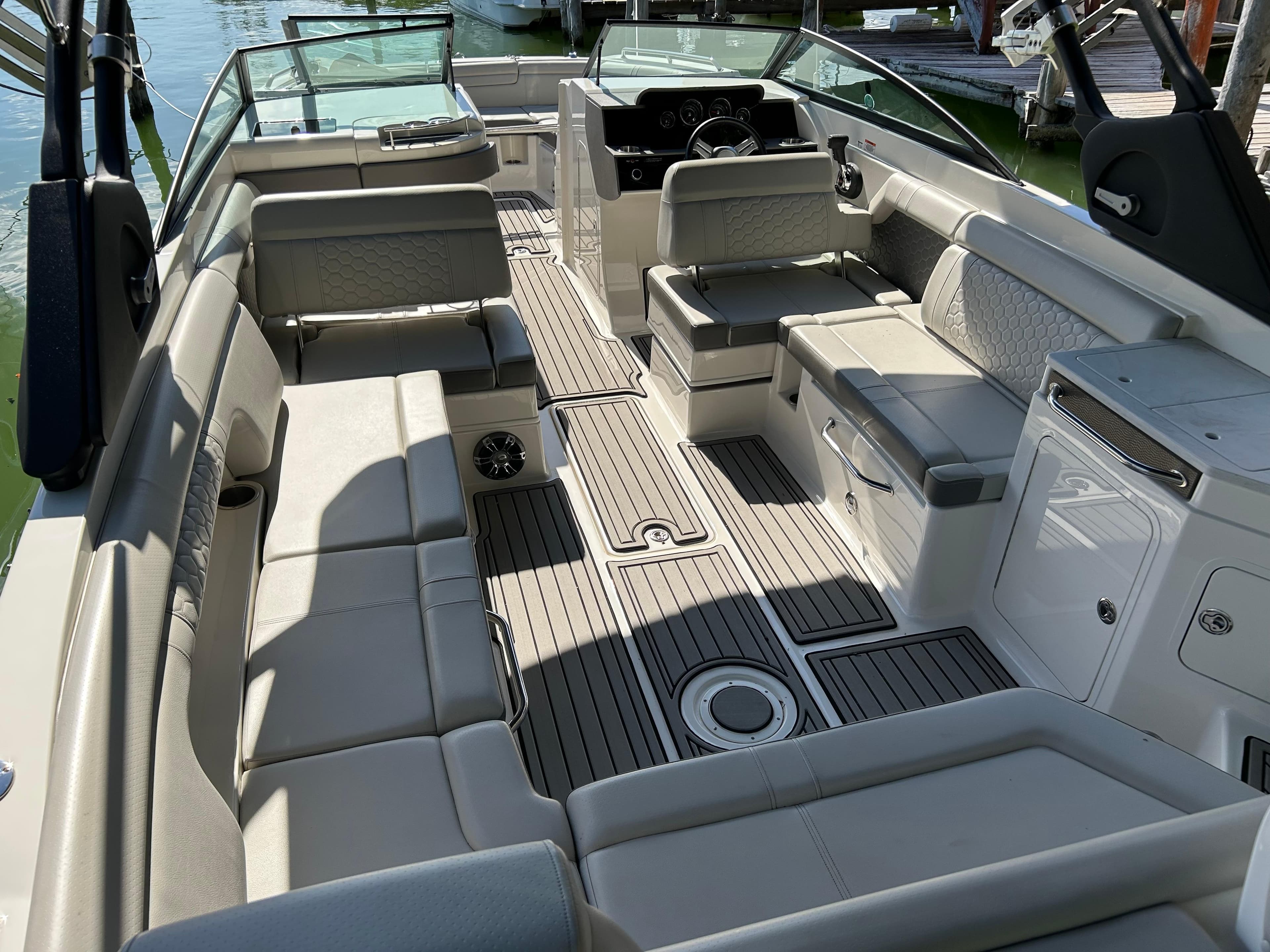 2022 Sea Ray SDX 290 boat interior with spacious seating and modern design.