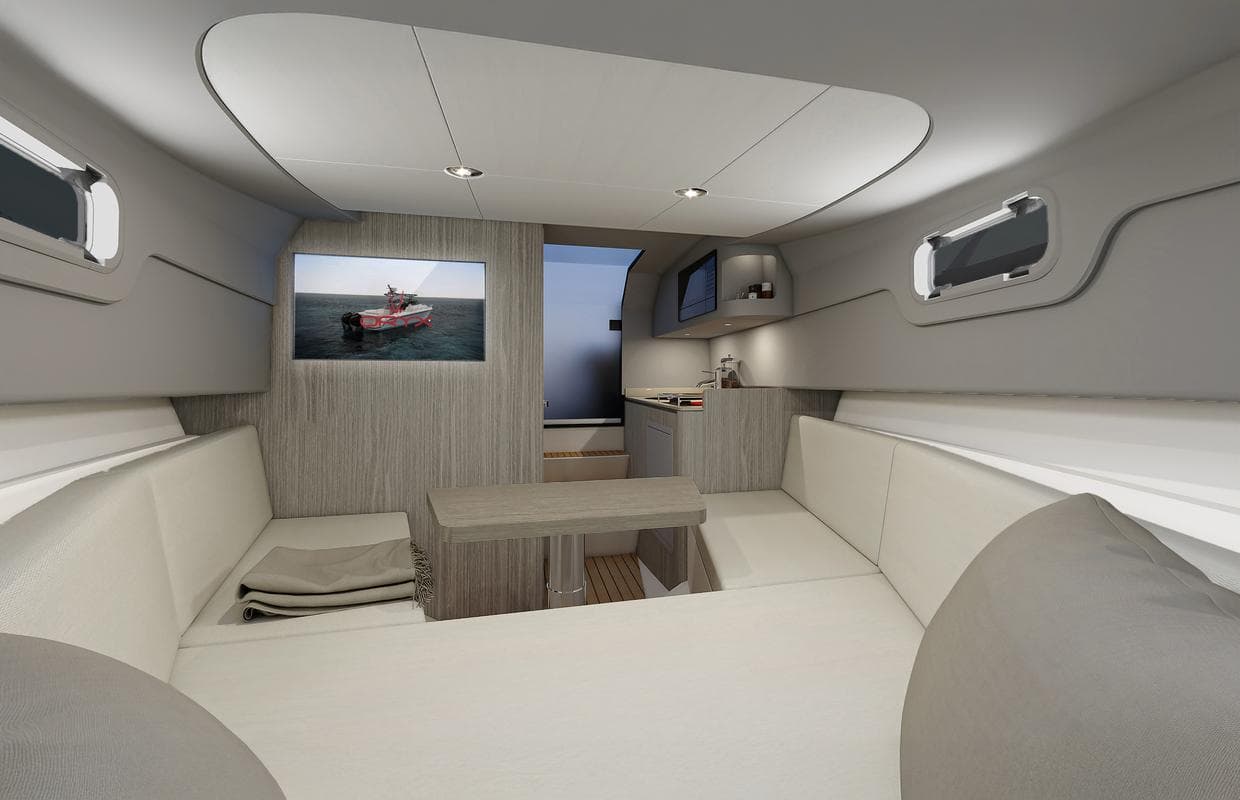 Luxurious interior of 2025 Oryx 32 FX yacht with modern seating and elegant design.