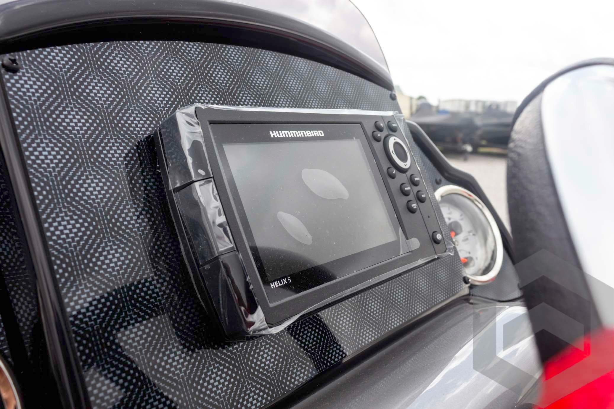 Dashboard of 2026 G3 Sportsman 1610 with Humminbird Helix 5 fish finder.